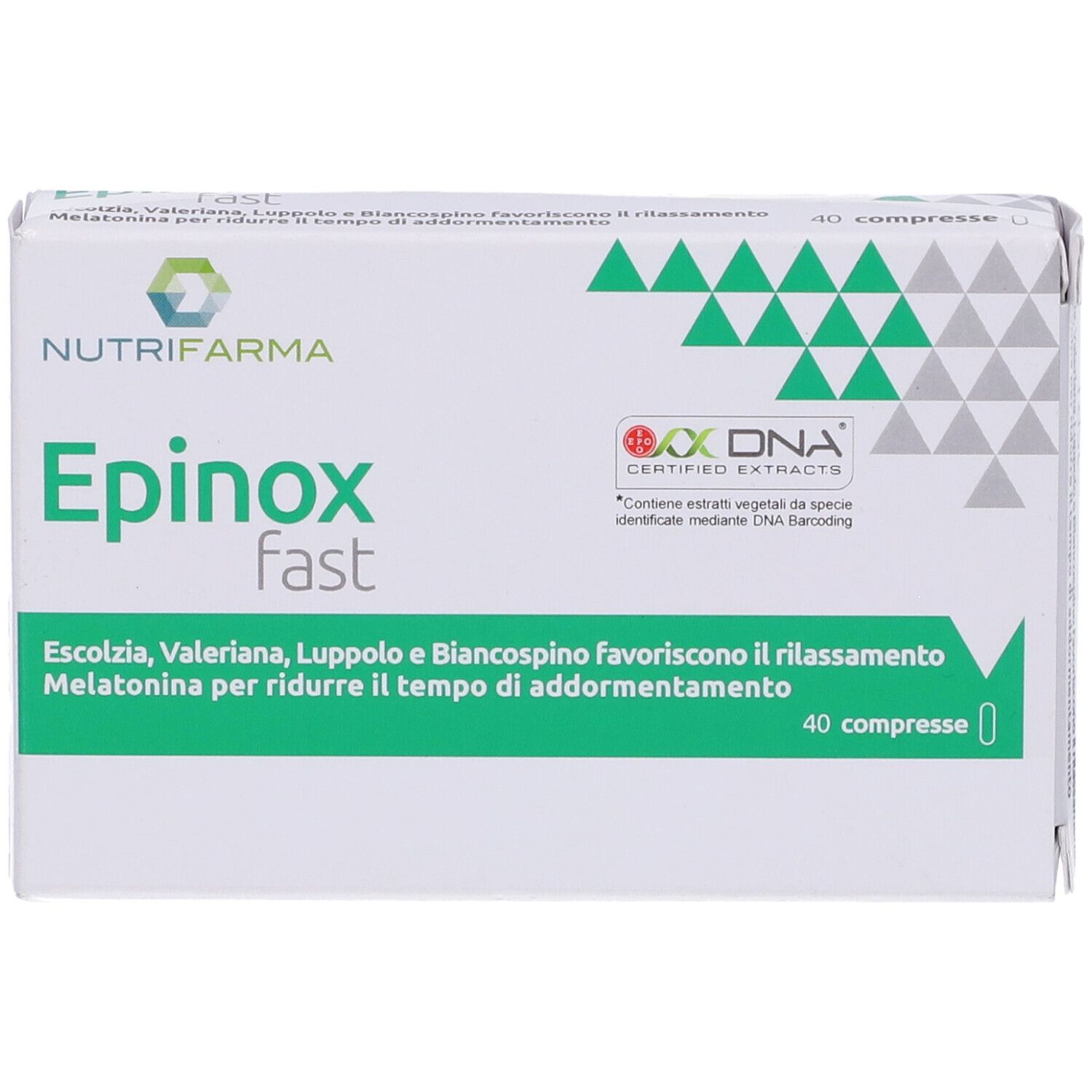 Scatola di compresse Epinox fast. Confezione verde e bianca con nome e logo del prodotto. Contiene 40 compresse.