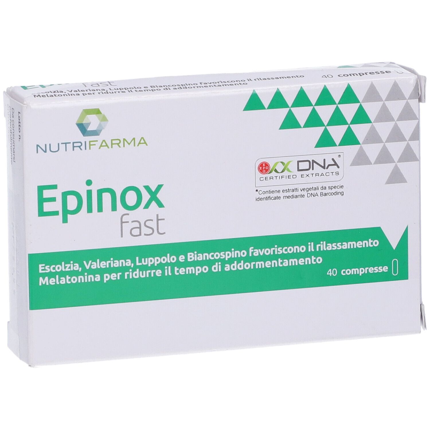 Scatola di compresse Epinox fast. Confezione verde e bianca con nome e logo del prodotto. Contiene 40 compresse.