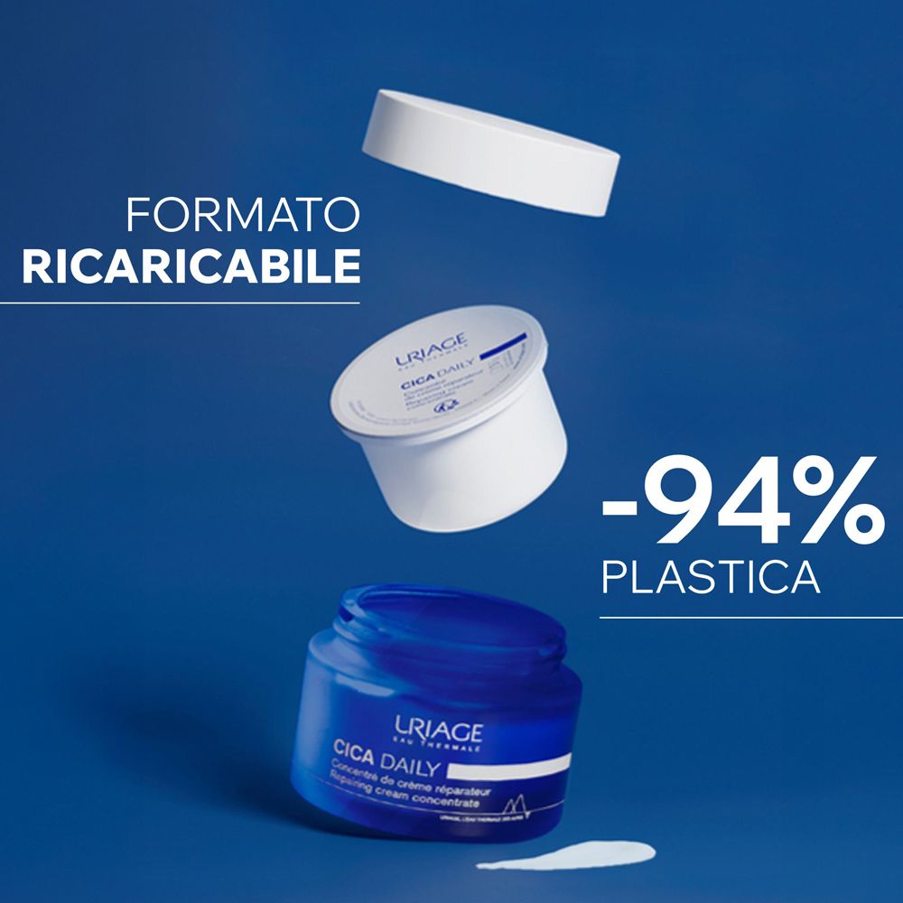 Vaso blu, coperchio bianco, ricarica. Testo: -94% plastica.