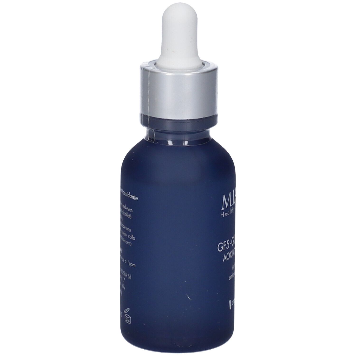 Flacone di siero blu scuro con tappo argento e pipetta. Scritta: Miamo. Testo sul retro.