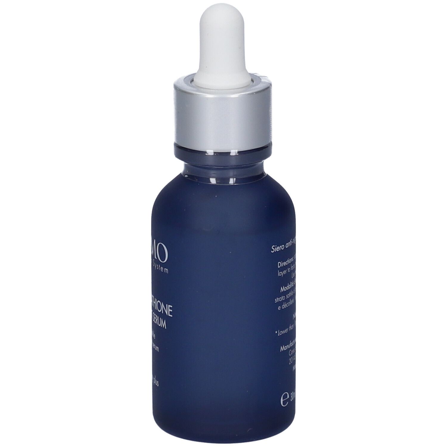 Flacone di siero blu scuro con tappo argento e pipetta. Scritta: Miamo, GF5-Glutathione Aox Boost Serum.