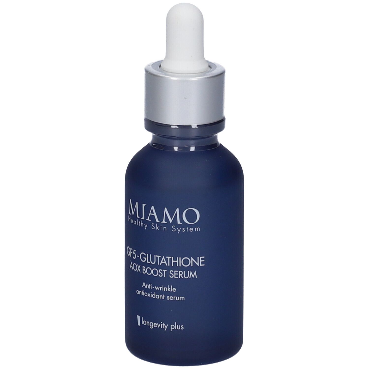 Flacone di siero blu scuro con tappo argento e pipetta. Scritta: Miamo, GF5-Glutathione Aox Boost Serum, anti-rughe.