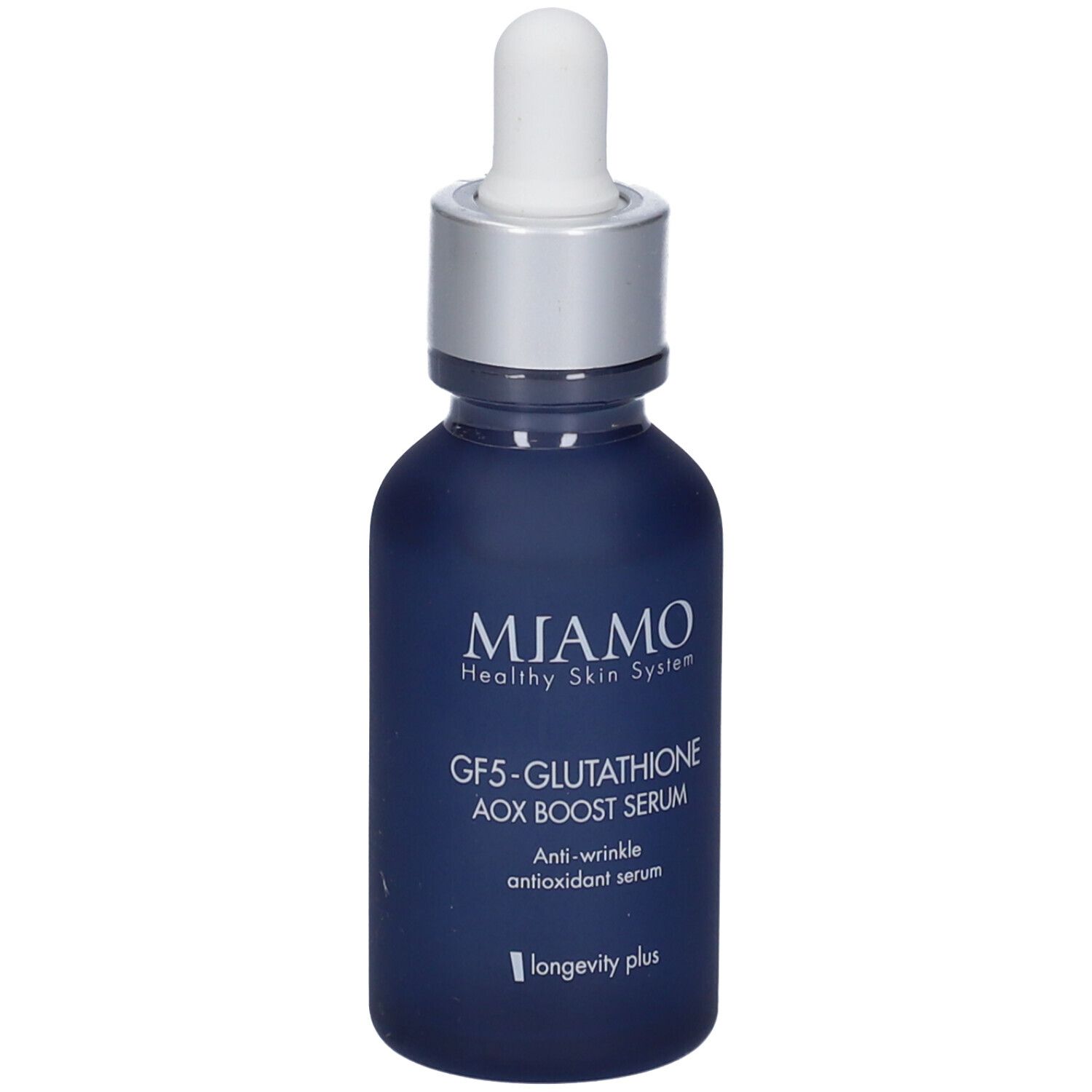Flacone di siero blu scuro con tappo argento e pipetta. Scritta: Miamo, GF5-Glutathione Aox Boost Serum, anti-rughe.