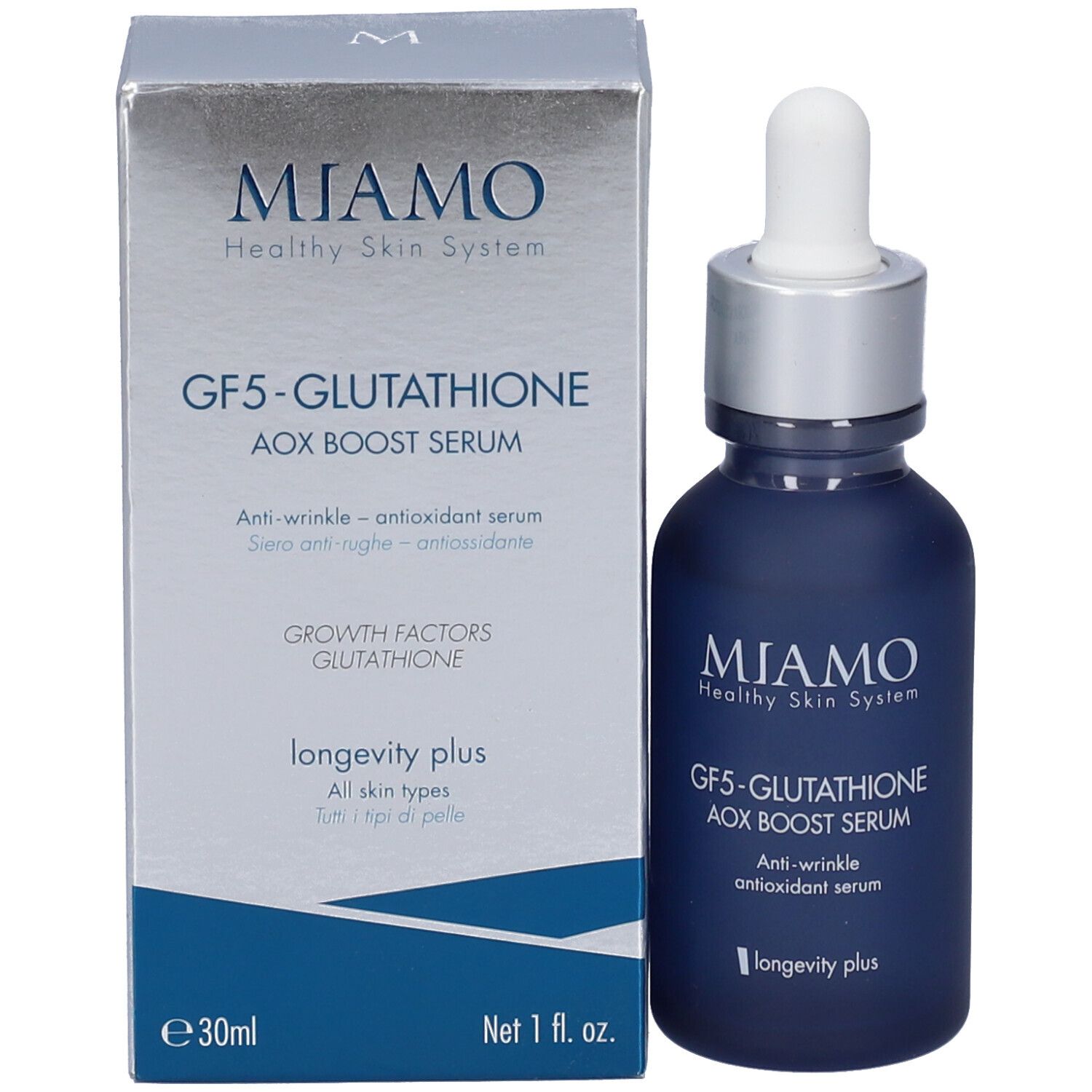 Confezione e flacone. Scritta: Miamo, GF5-Glutathione Aox Boost Serum, anti-rughe. Con pipetta.