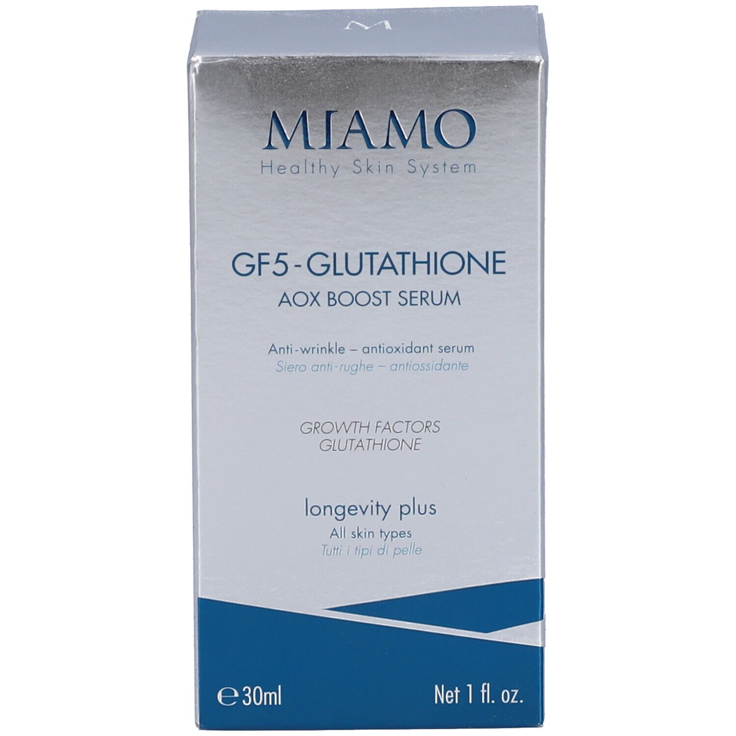 Confezione del prodotto. Scritta: Miamo, GF5-Glutathione Aox Boost Serum, anti-rughe. Con testo e logo.