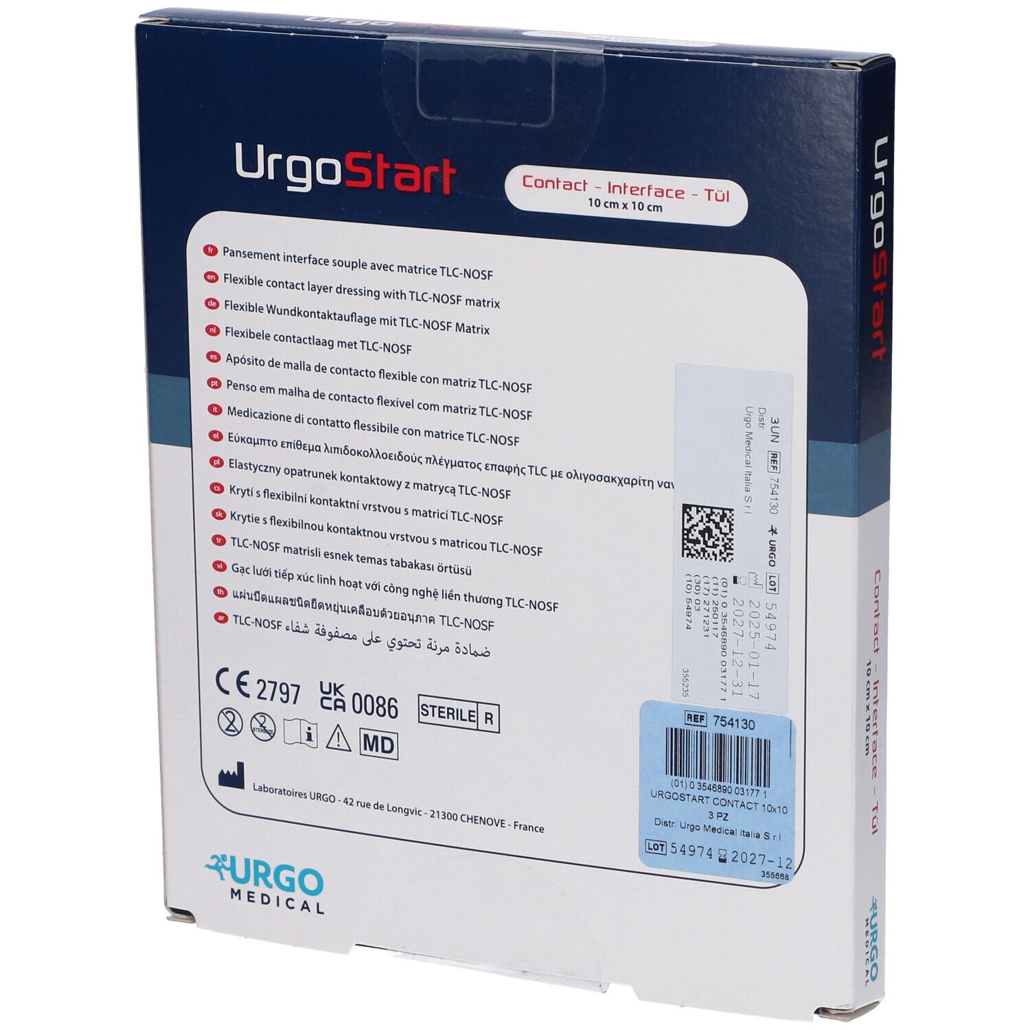 Retro della confezione UrgoStart Contact. Testo multilingue, marchio CE, numero di lotto e logo.