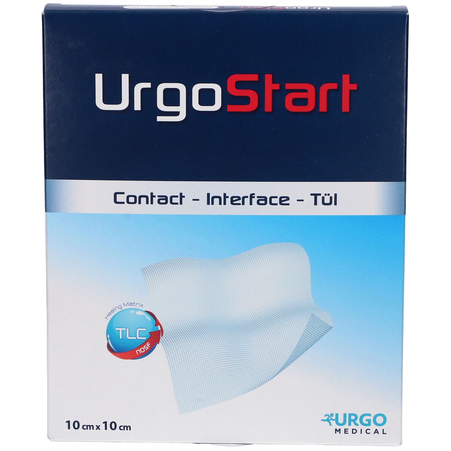 Fronte della confezione UrgoStart Contact. Nome del prodotto, logo e medicazione bianca su sfondo blu.