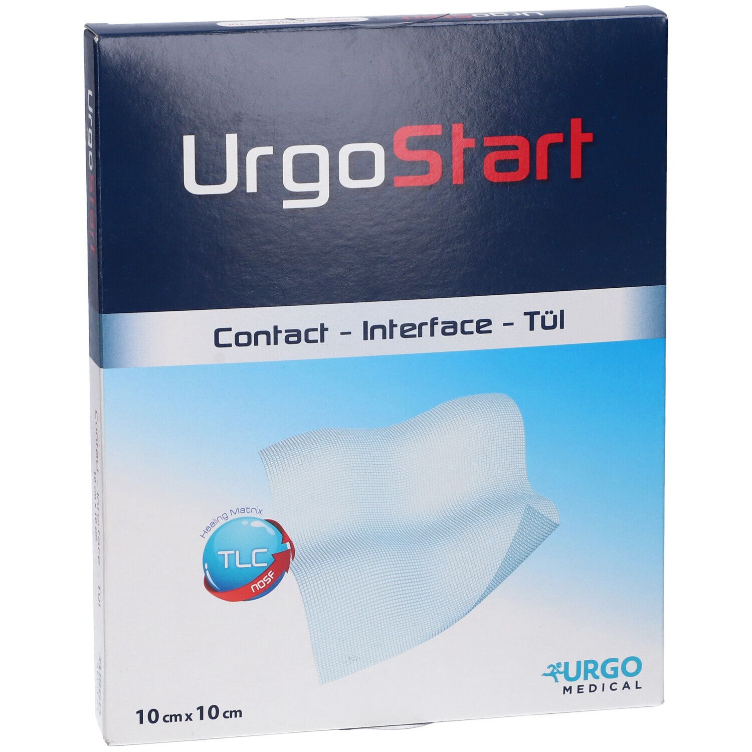 Fronte della confezione UrgoStart Contact. Nome del prodotto, logo e medicazione bianca su sfondo blu.