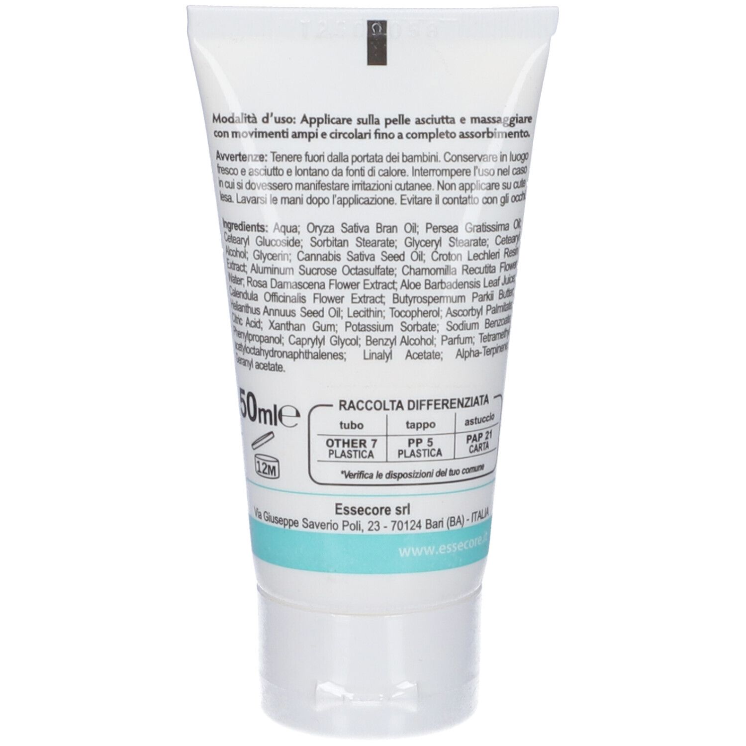 Retro del tubo. Testo in italiano. Elenco ingredienti e informazioni sullo smaltimento.