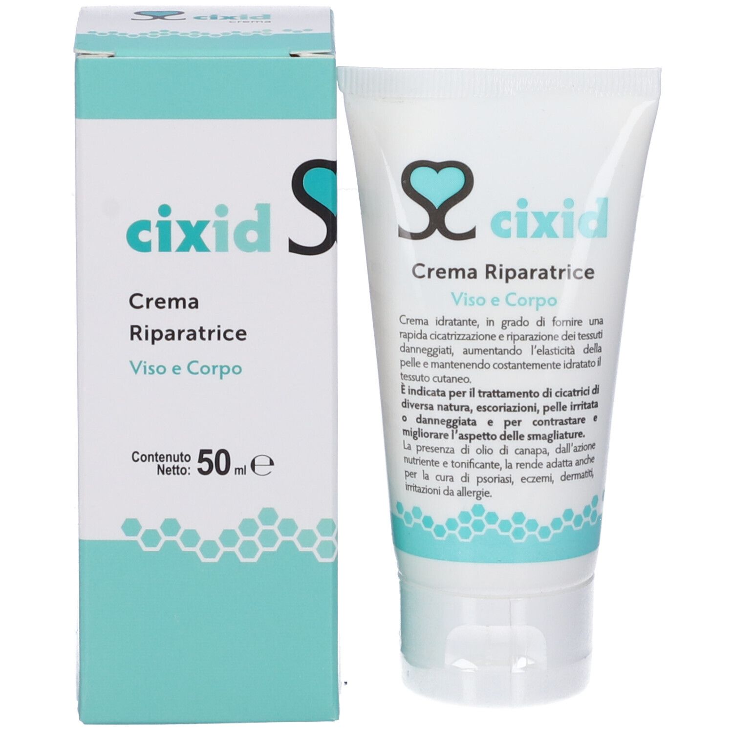 Confezione del prodotto. Tubo e scatola. Scritto: cixid, Crema Riparatrice, Viso e Corpo. 50 ml. Nome prodotto e testo.