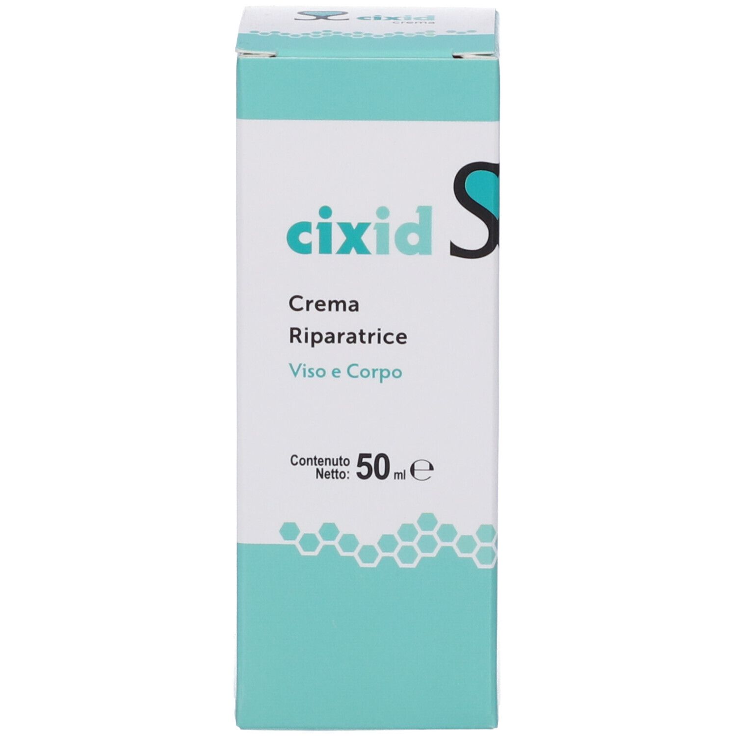 Scatola con superficie turchese. Scritto: cixid, Crema Riparatrice, Viso e Corpo. 50 ml. Nome prodotto e testo.
