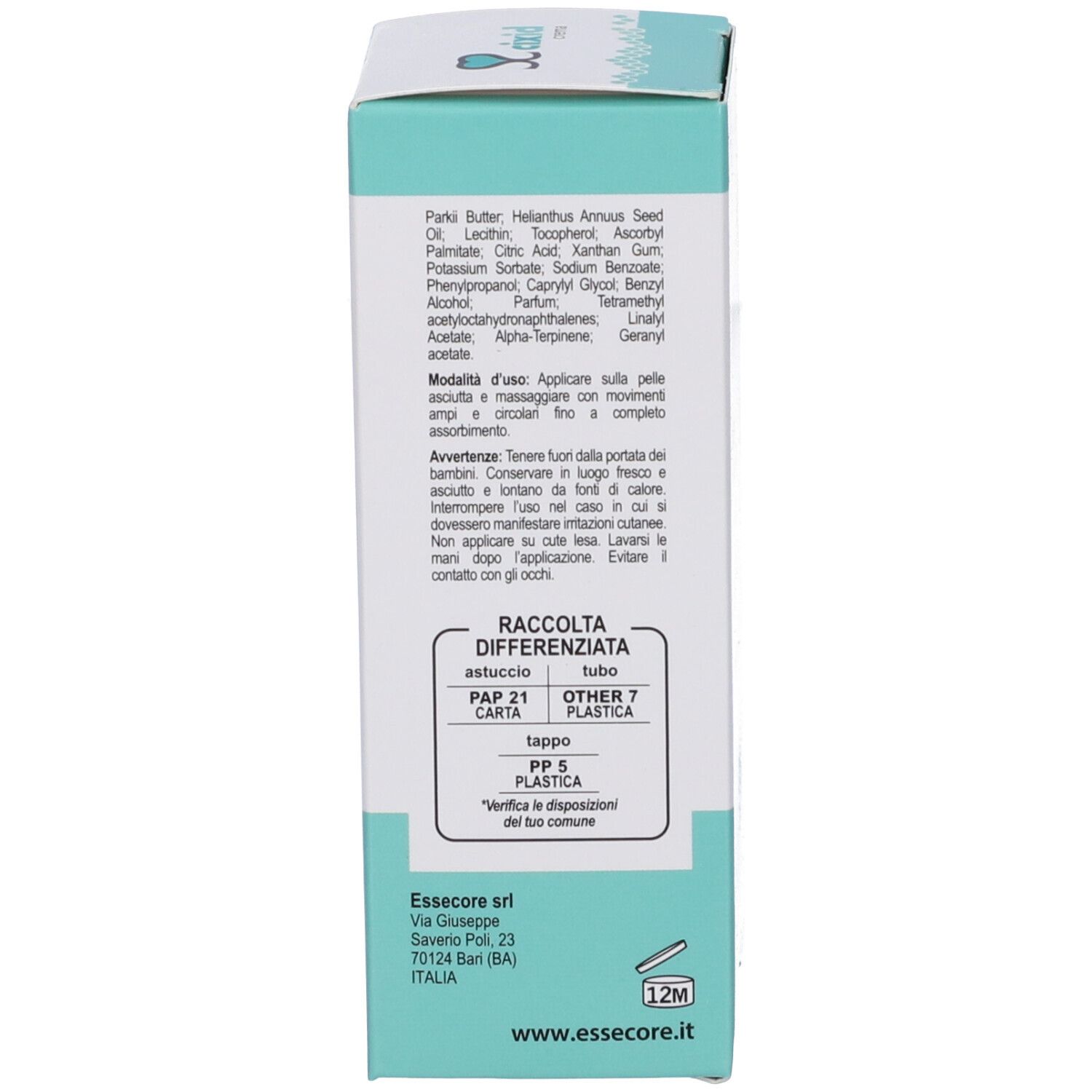 Retro della scatola. Testo in italiano. Informazioni sull'uso e sugli ingredienti.