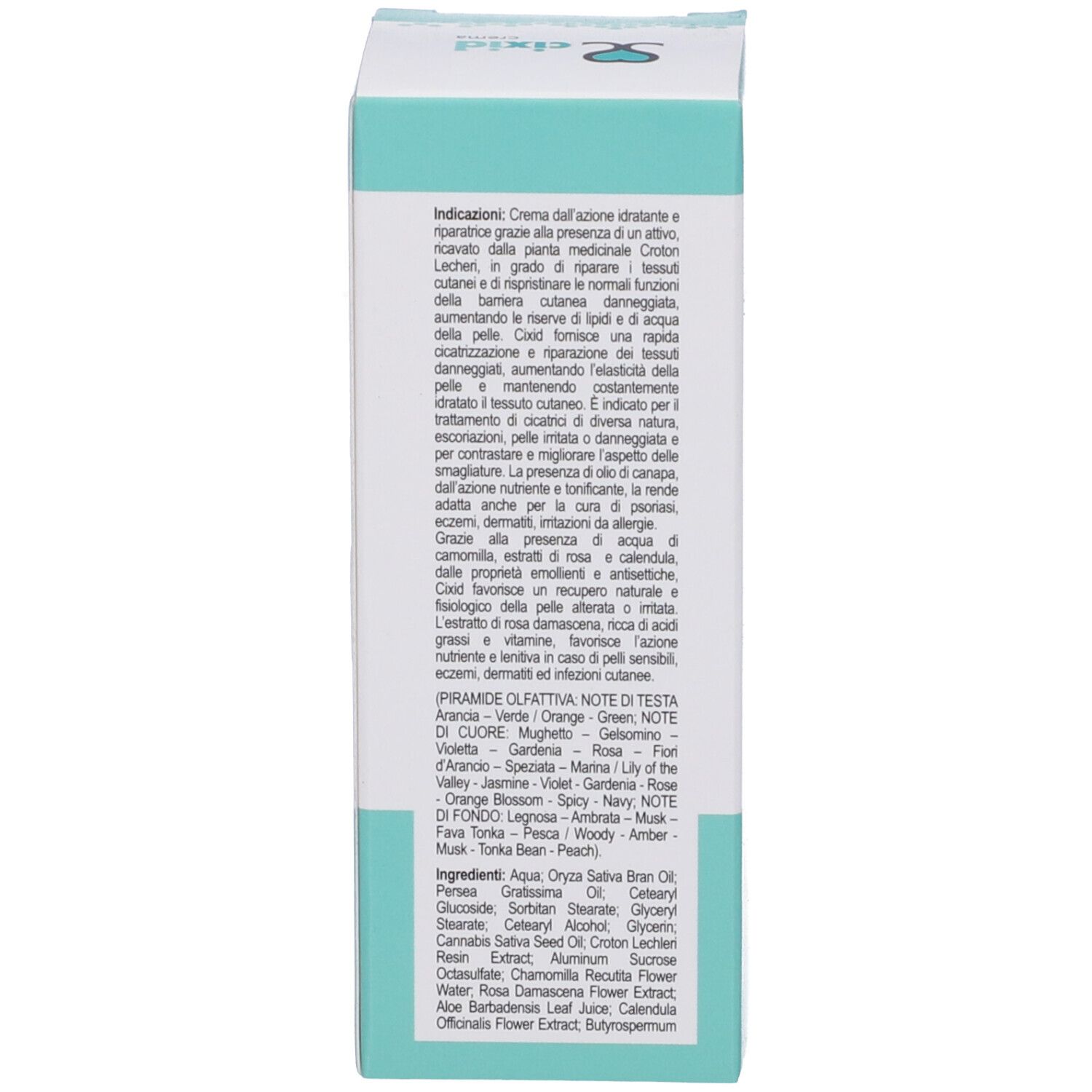 Lato della scatola. Testo in italiano. Informazioni sull'uso e sugli ingredienti.