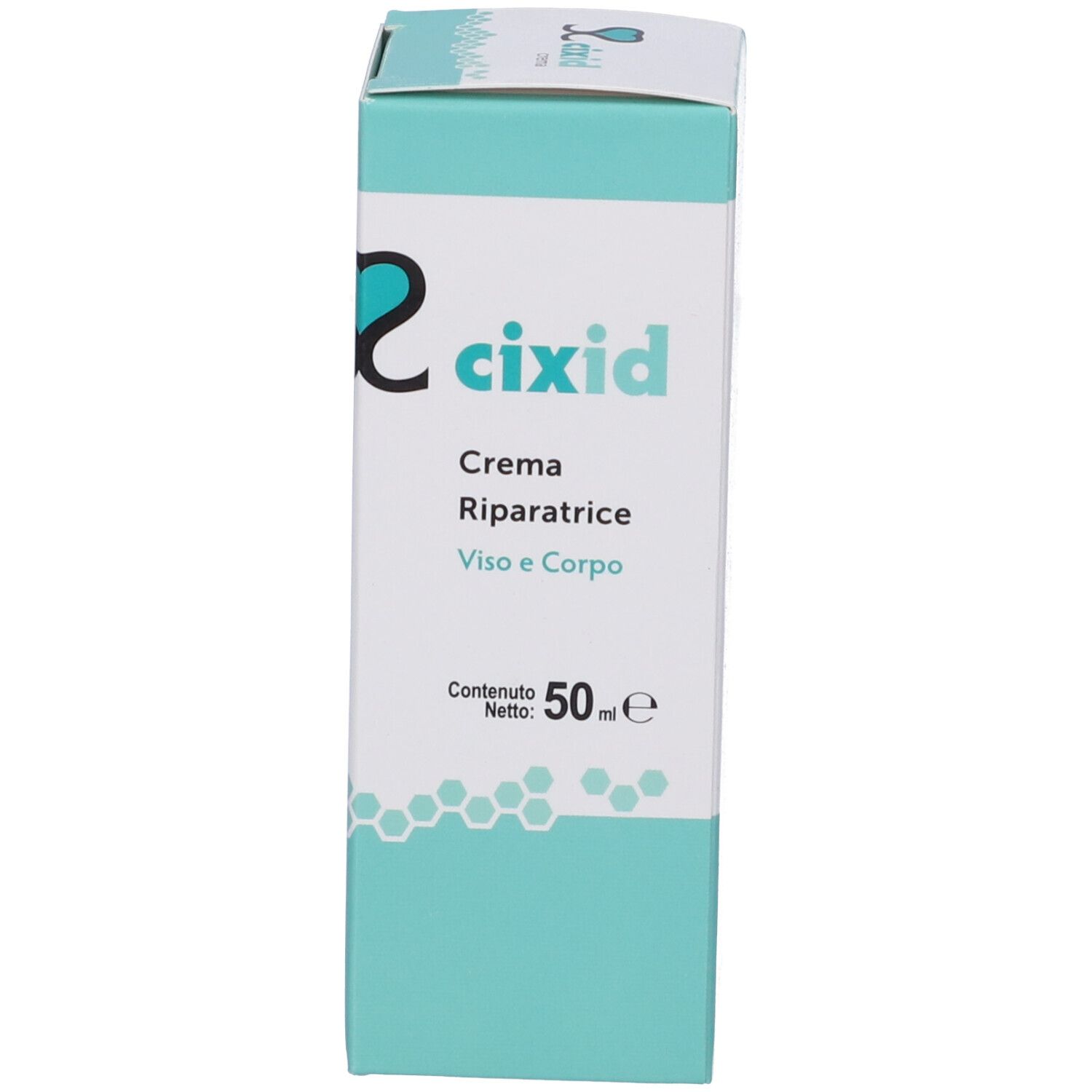 Scatola con superficie turchese. Scritto: cixid, Crema Riparatrice, Viso e Corpo. 50 ml. Nome prodotto e testo.