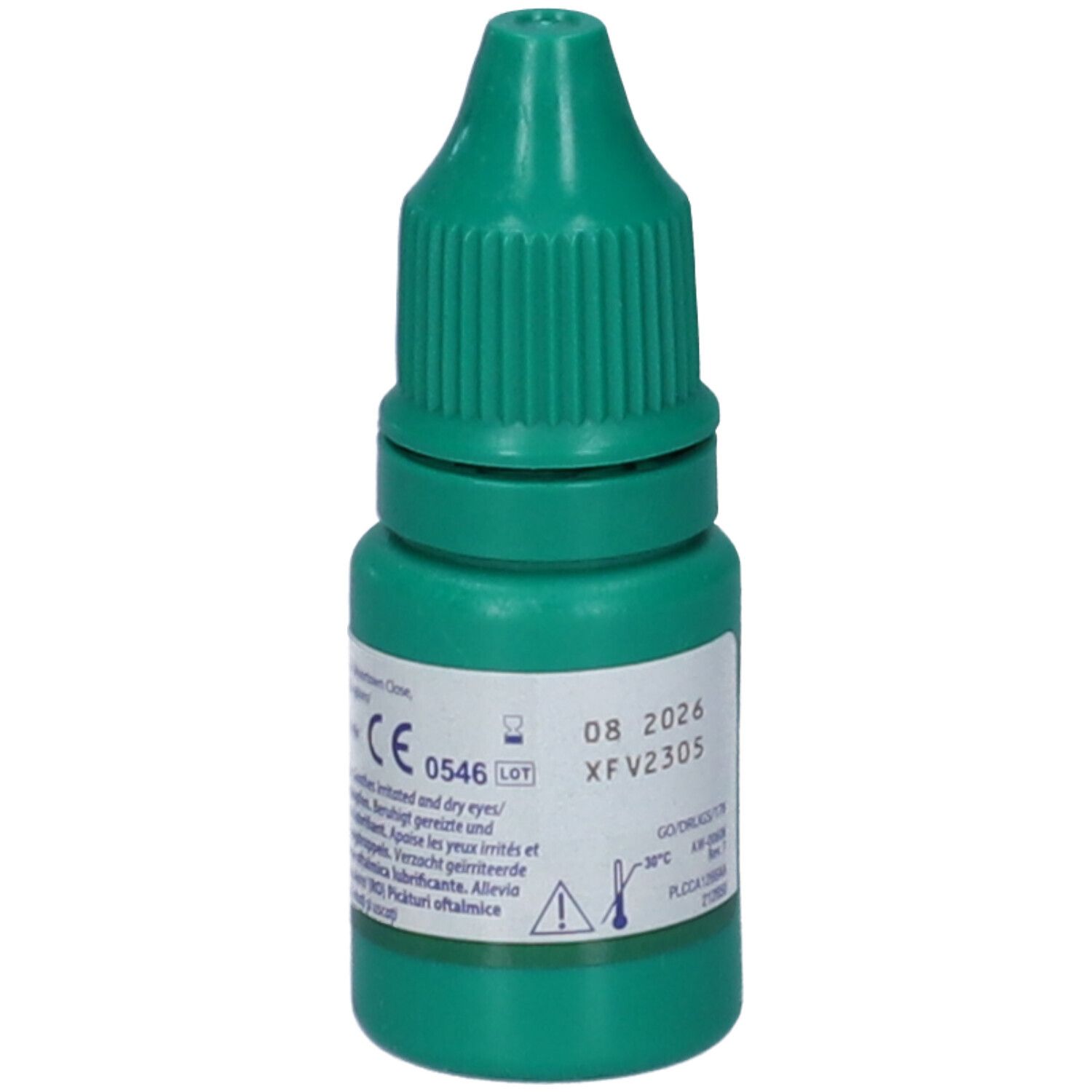 Flacone contagocce verde. Etichetta con numero di lotto, data di scadenza e marchio CE.
