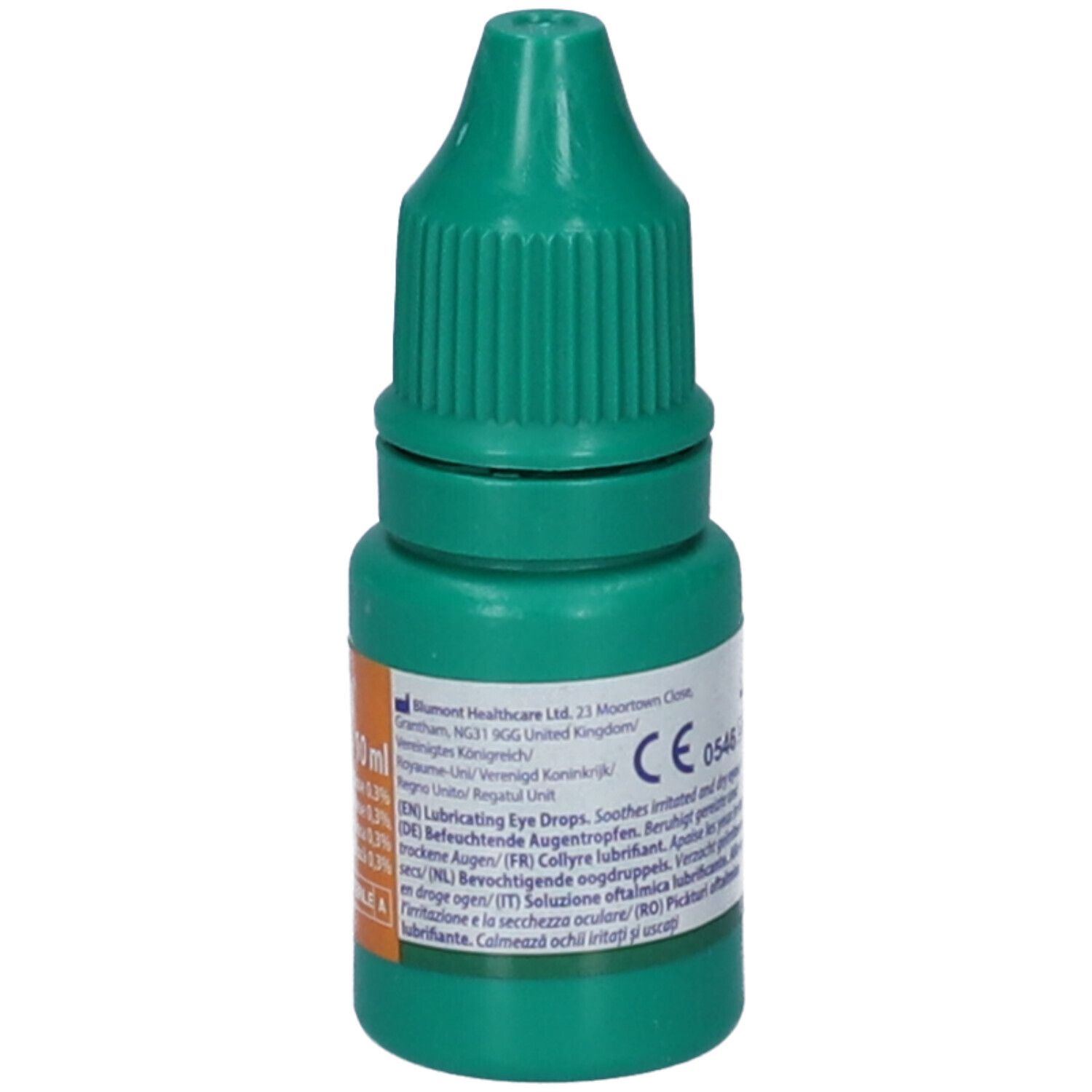 Flacone contagocce verde. Etichetta con informazioni sul prodotto, marchio CE e indirizzo del produttore.