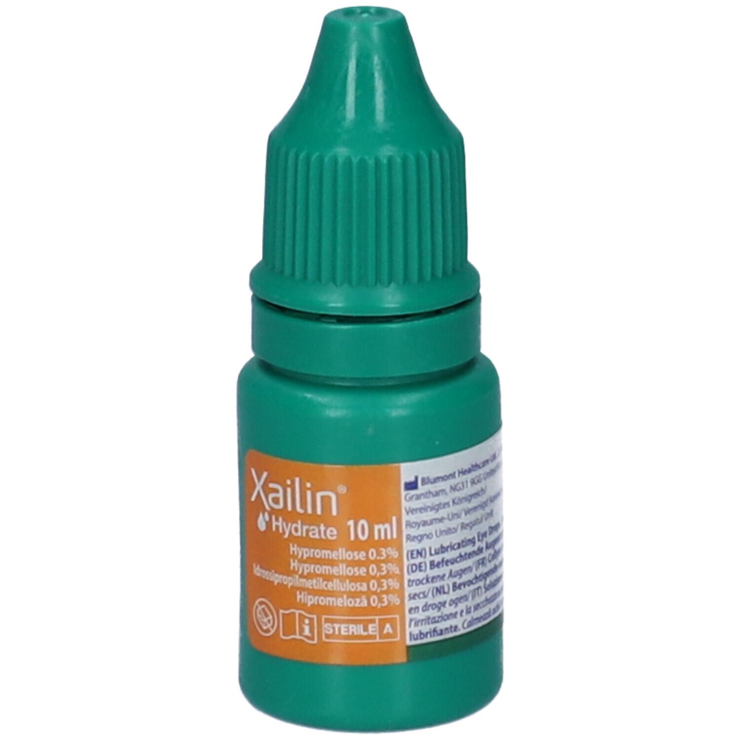 Flacone contagocce verde. Scritte: Xailin Hydrate 10 ml, ingredienti e indicazione di sterilizzazione. Tappo a vite.