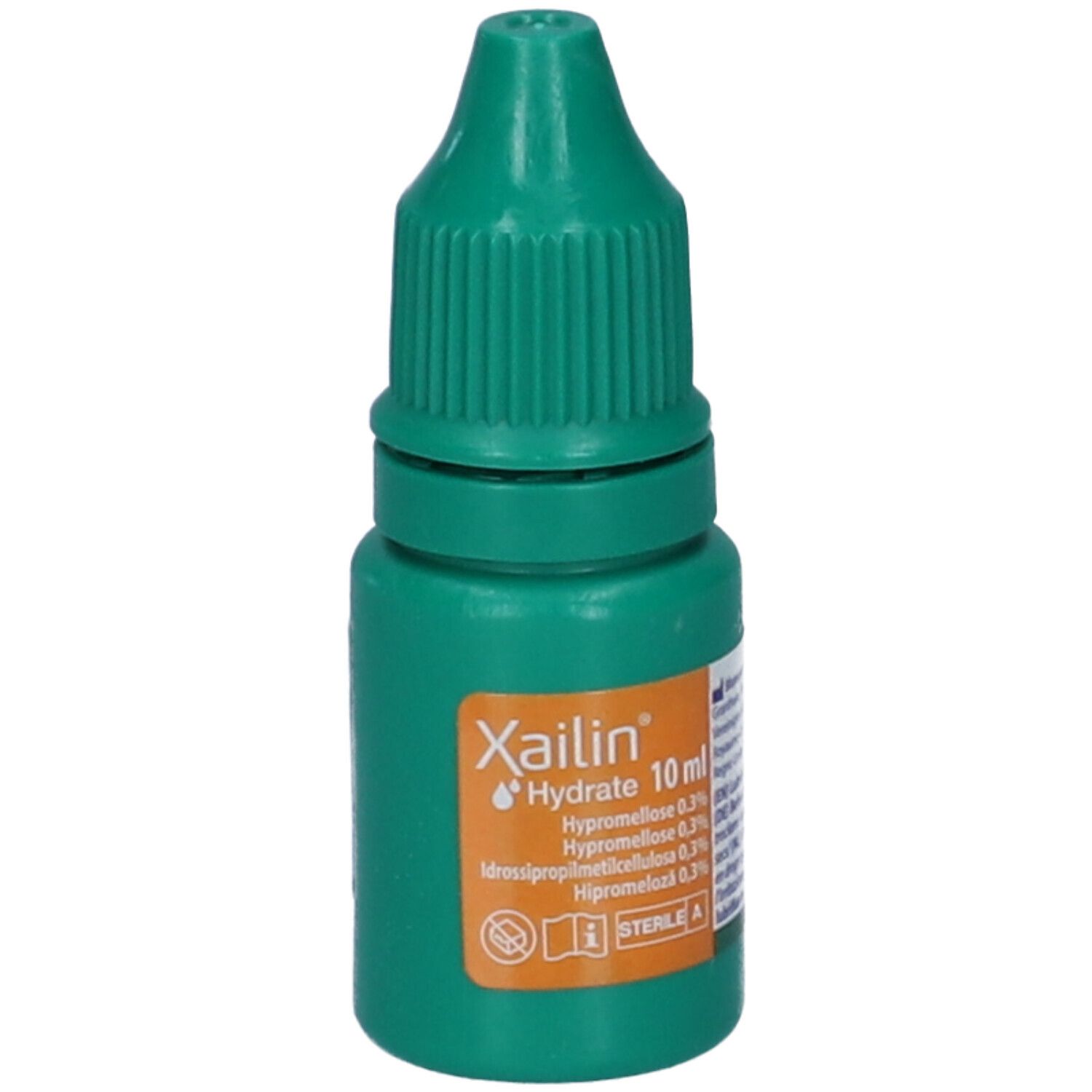 Flacone contagocce verde. Scritte: Xailin Hydrate 10 ml, ingredienti e indicazione di sterilizzazione. Tappo a vite.