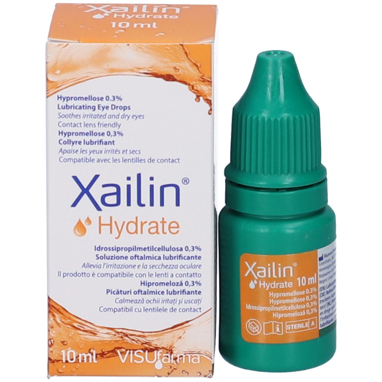 Confezione del prodotto e flacone contagocce verde. Confezione con nome del prodotto, ingredienti e indicazioni.