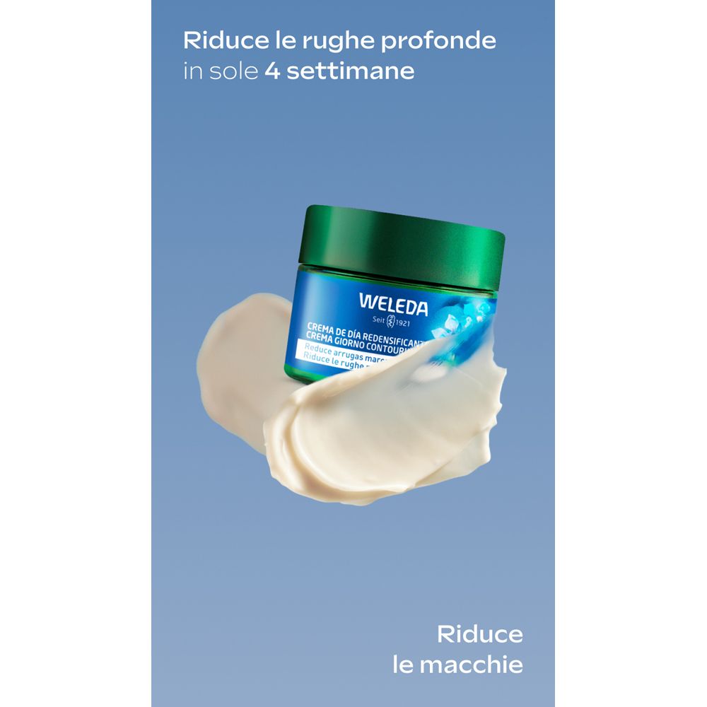 Vasetto con crema e tappo verde. Testo multilingue. Crema su sfondo chiaro.