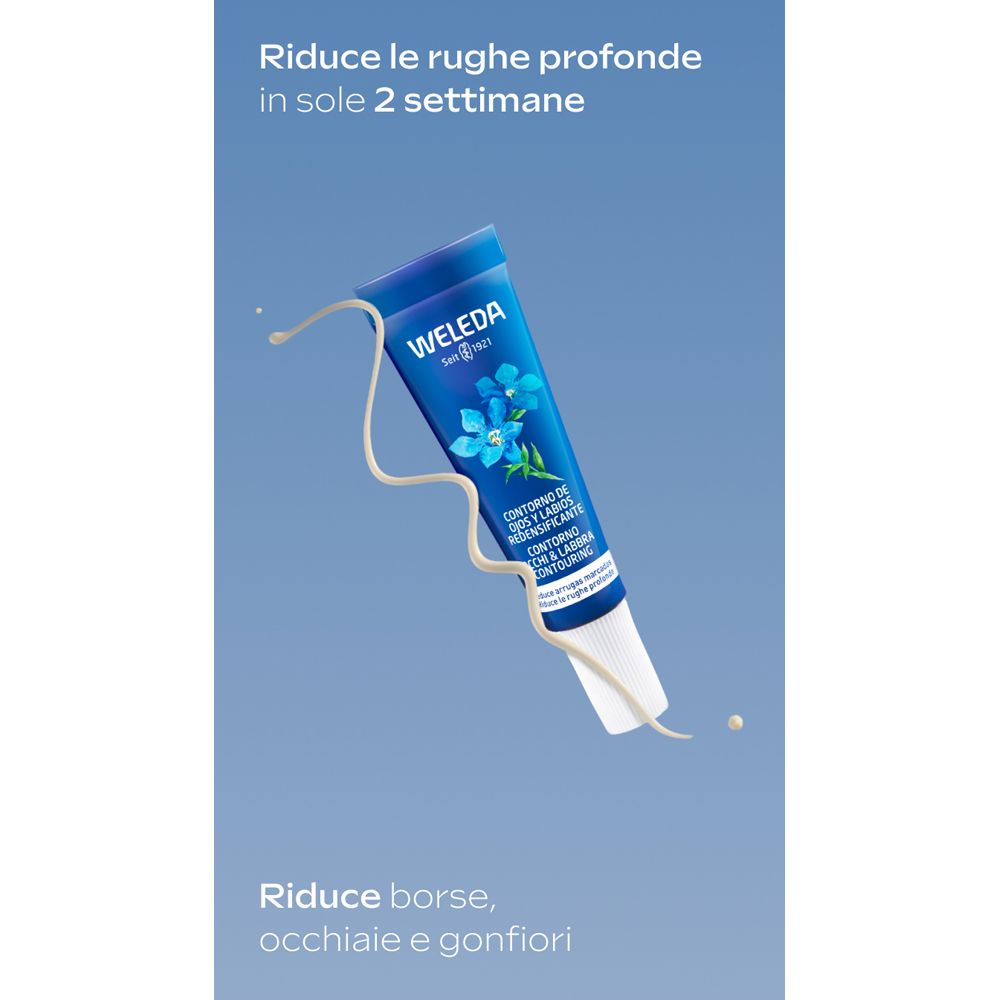 Tubo blu con prodotto. Uscita di crema. Testo: Riduce le rughe. Riduce borse, occhiaie e gonfiori.