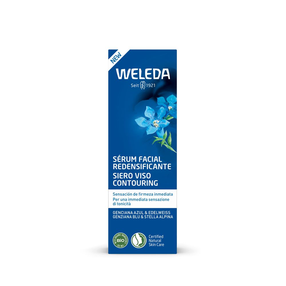 Confezione blu di siero. Scritta: WELEDA, Siero Viso Contouring. Con fiore blu e certificazioni.