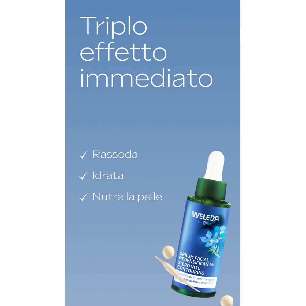 Immagine pubblicitaria con flacone di siero e testo. Testo: Triplo effetto immediato. Con gocce e fiore blu.