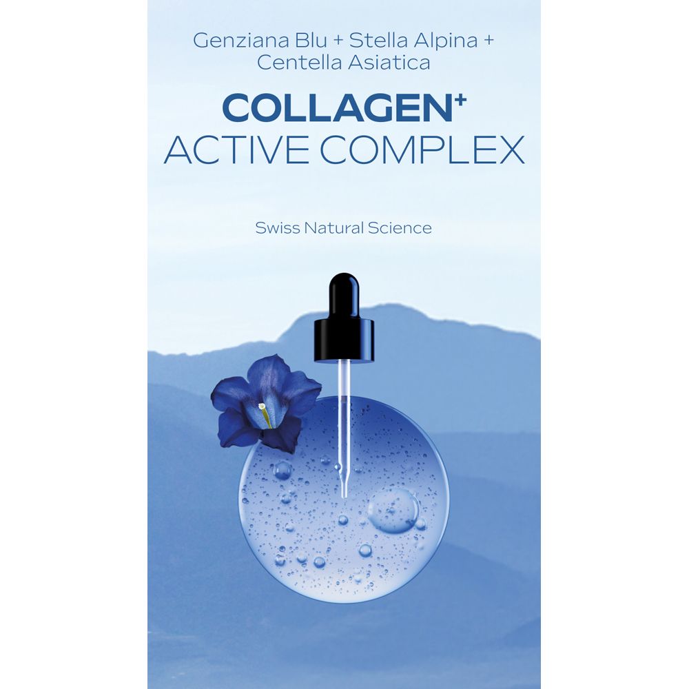 Immagine pubblicitaria con siero e testo. Testo: COLLAGEN+ ACTIVE COMPLEX. Con fiore blu e paesaggio montano.
