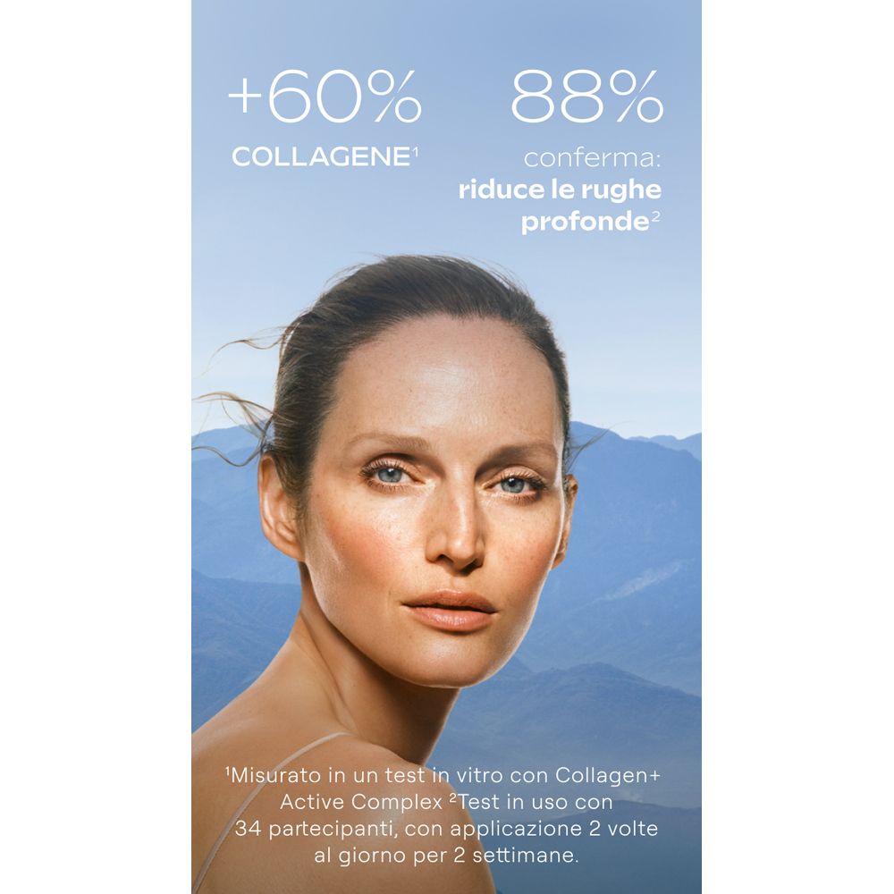 Immagine pubblicitaria con donna e testo. Testo: +60% COLLAGENE, 88% riduce le rughe profonde. Con paesaggio montano.