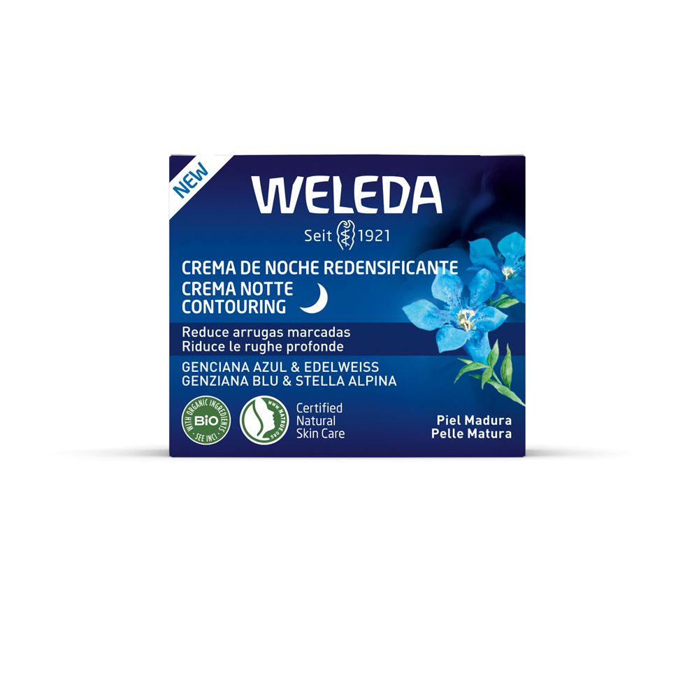 Confezione blu con scritta bianca: WELEDA, Crema Notte Contouring. Con sigillo bio e certificazione.