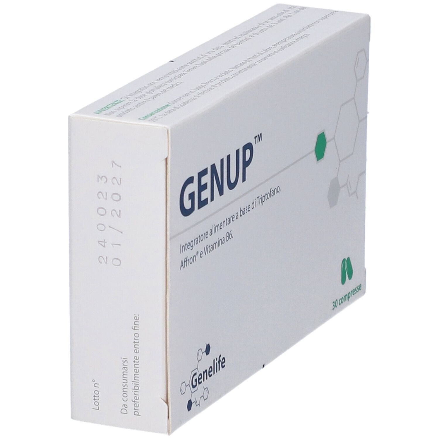 Scatola bianca GENUP, angolata. Stampa: data di scadenza. 30 compresse. Genefile.