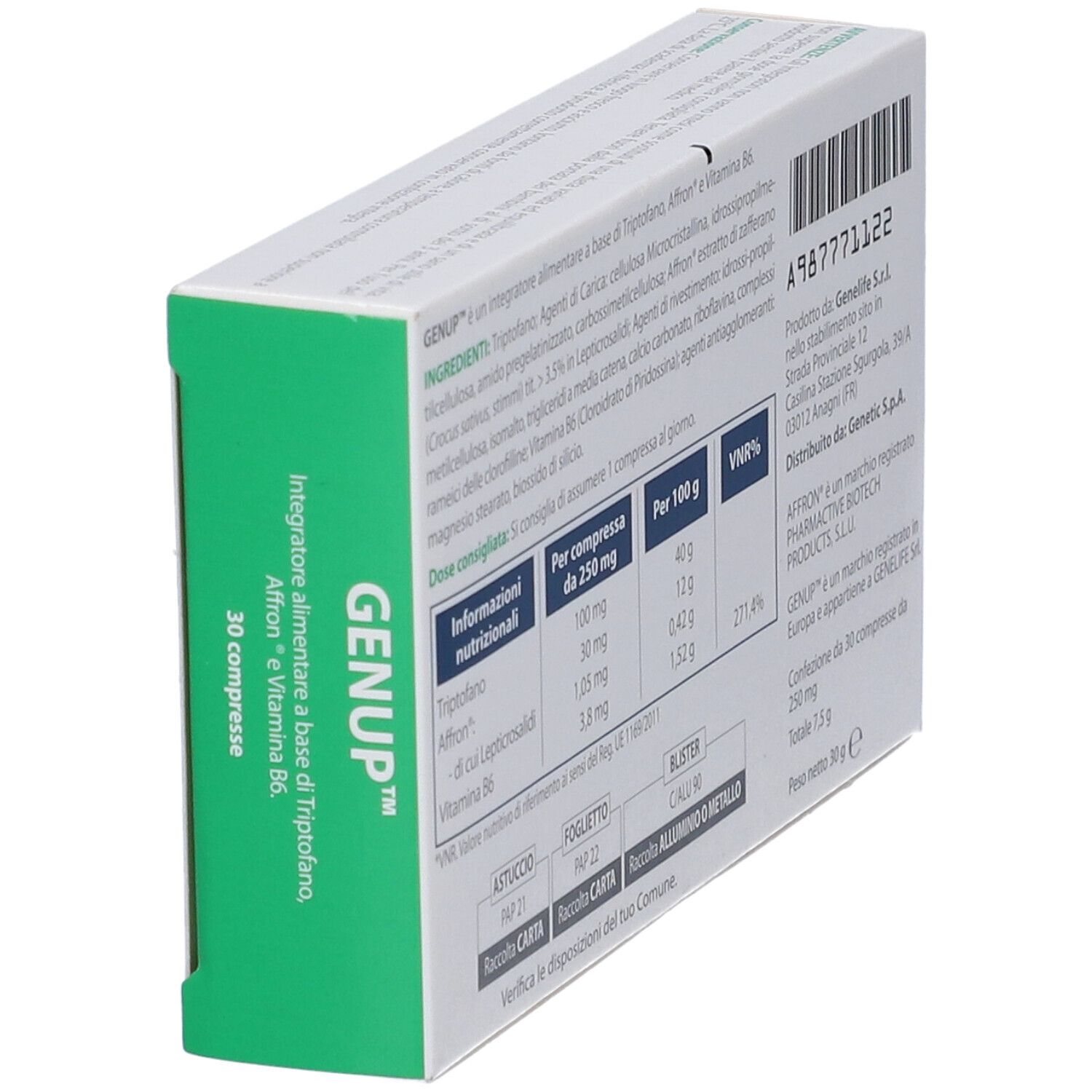 Scatola GENUP, angolata. Informazioni nutrizionali, ingredienti, informazioni produttore. 30 compresse.