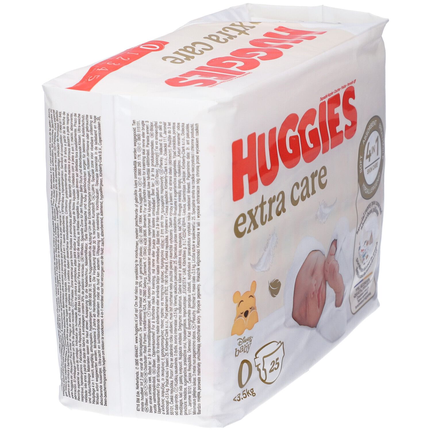 Confezione di pannolini HUGGIES extra care. Scritta e immagine di un bambino. 25 pezzi, taglia 0.