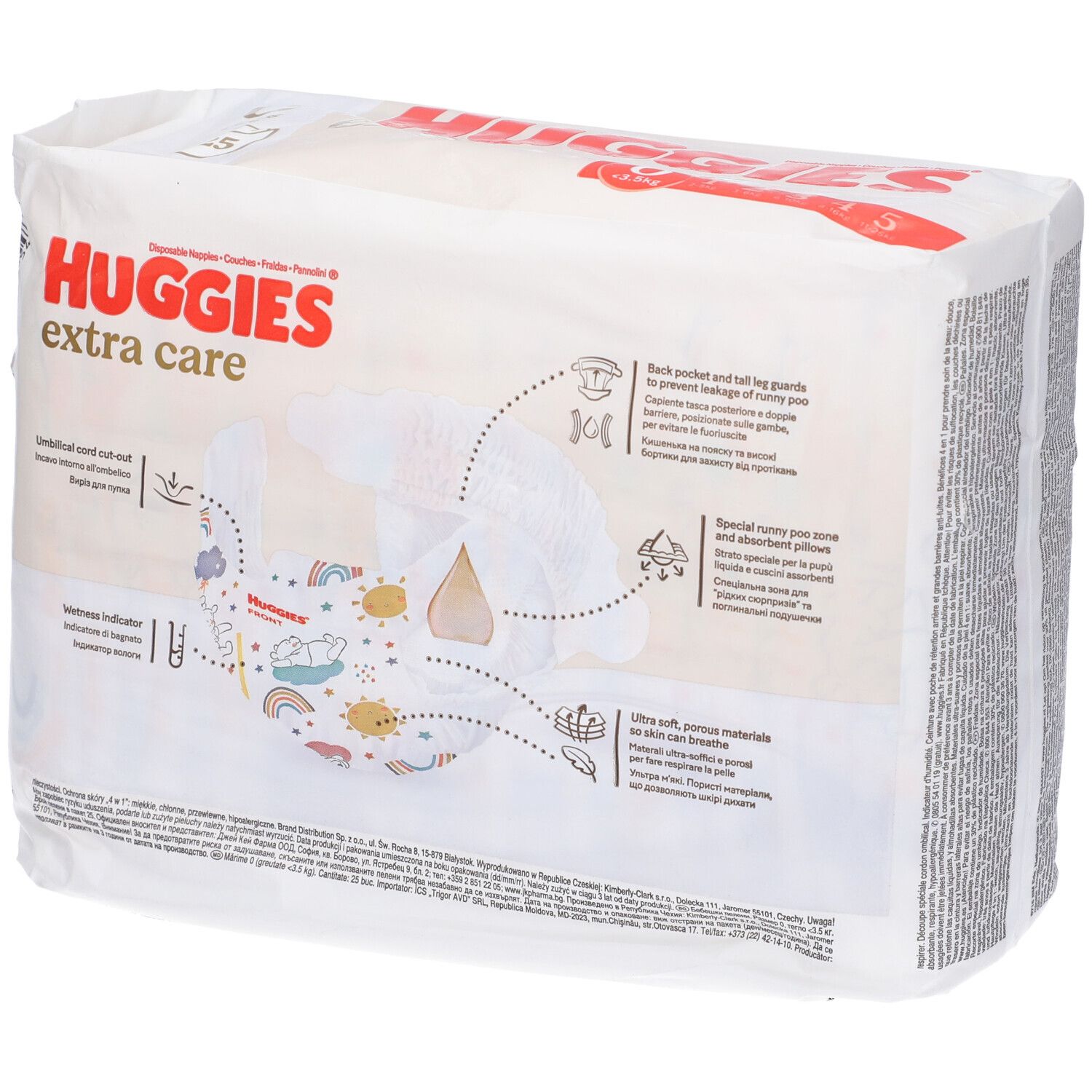 Retro della confezione di pannolini HUGGIES extra care. Illustrazioni e testo. Taglia 0.
