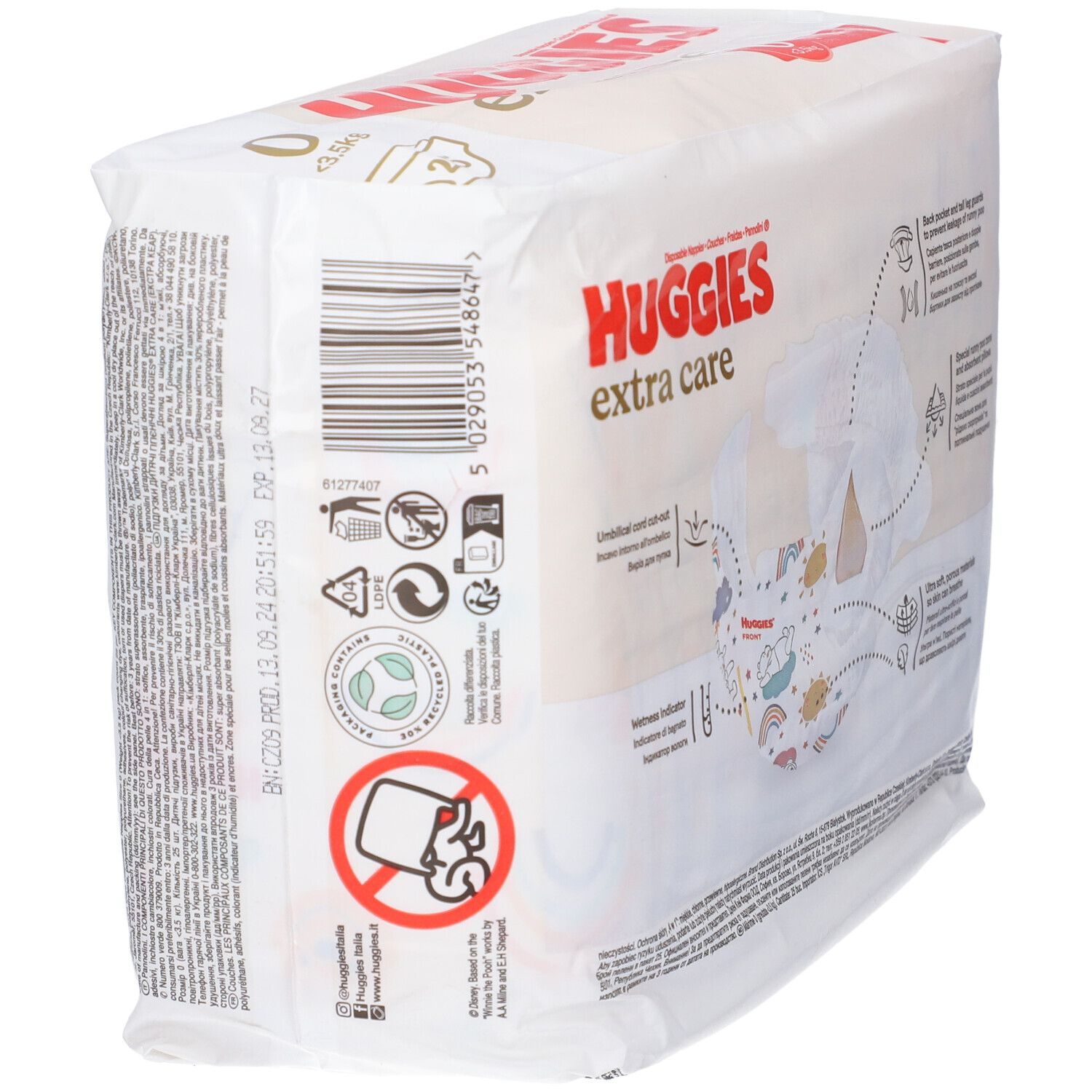Retro della confezione di pannolini HUGGIES extra care. Codice a barre, loghi e testo. Taglia 0.