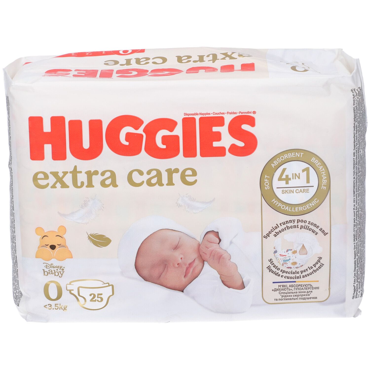 Confezione di pannolini HUGGIES extra care. Immagine di un bambino e di Winnie the Pooh. 25 pezzi, taglia 0.