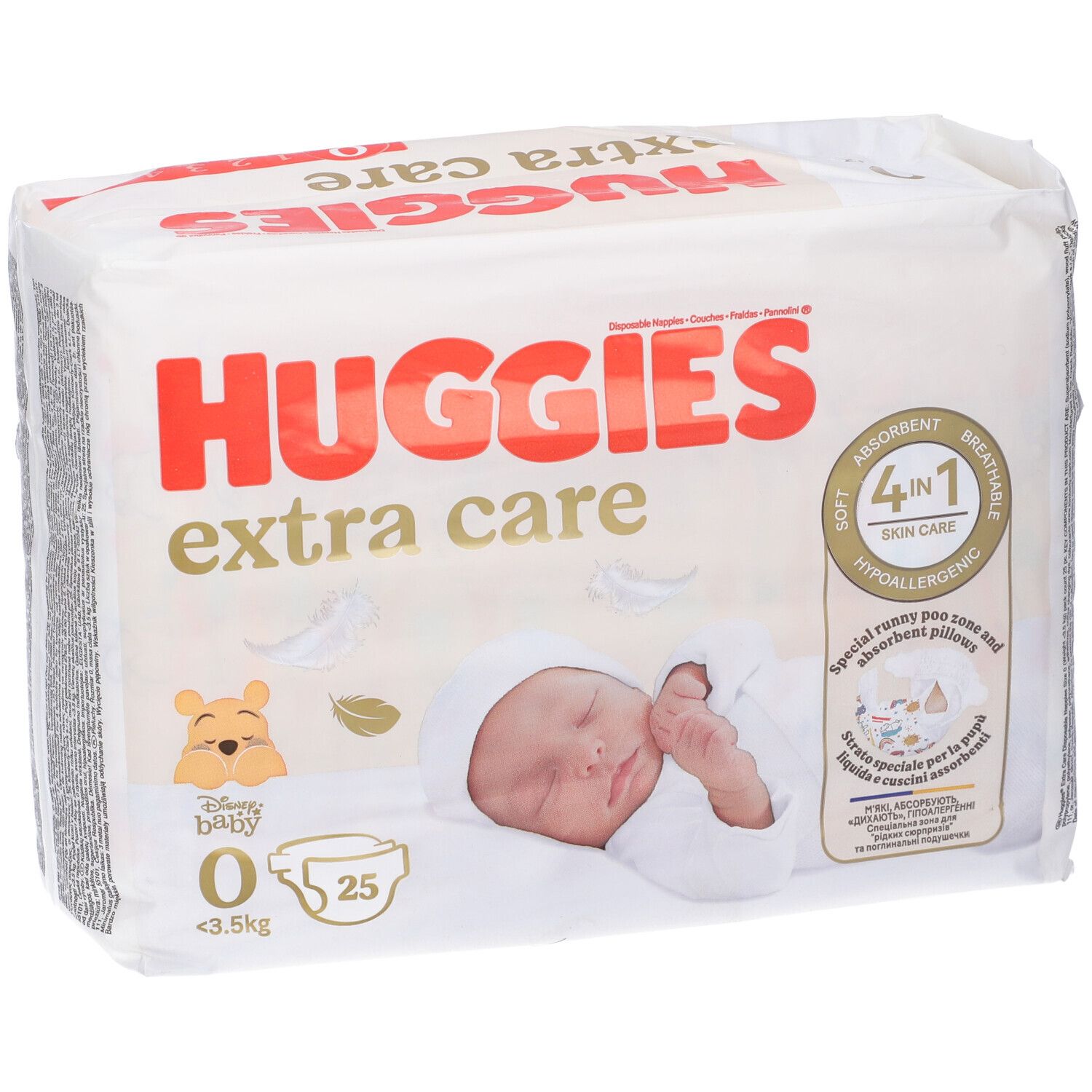 Confezione di pannolini HUGGIES extra care. Immagine di un bambino e di Winnie the Pooh. 25 pezzi, taglia 0.