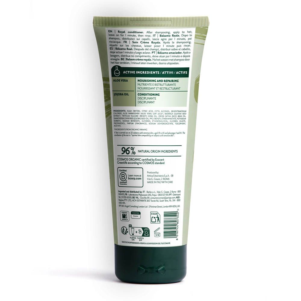 Tubo di prodotto per capelli, retro con ingredienti e certificazioni.
