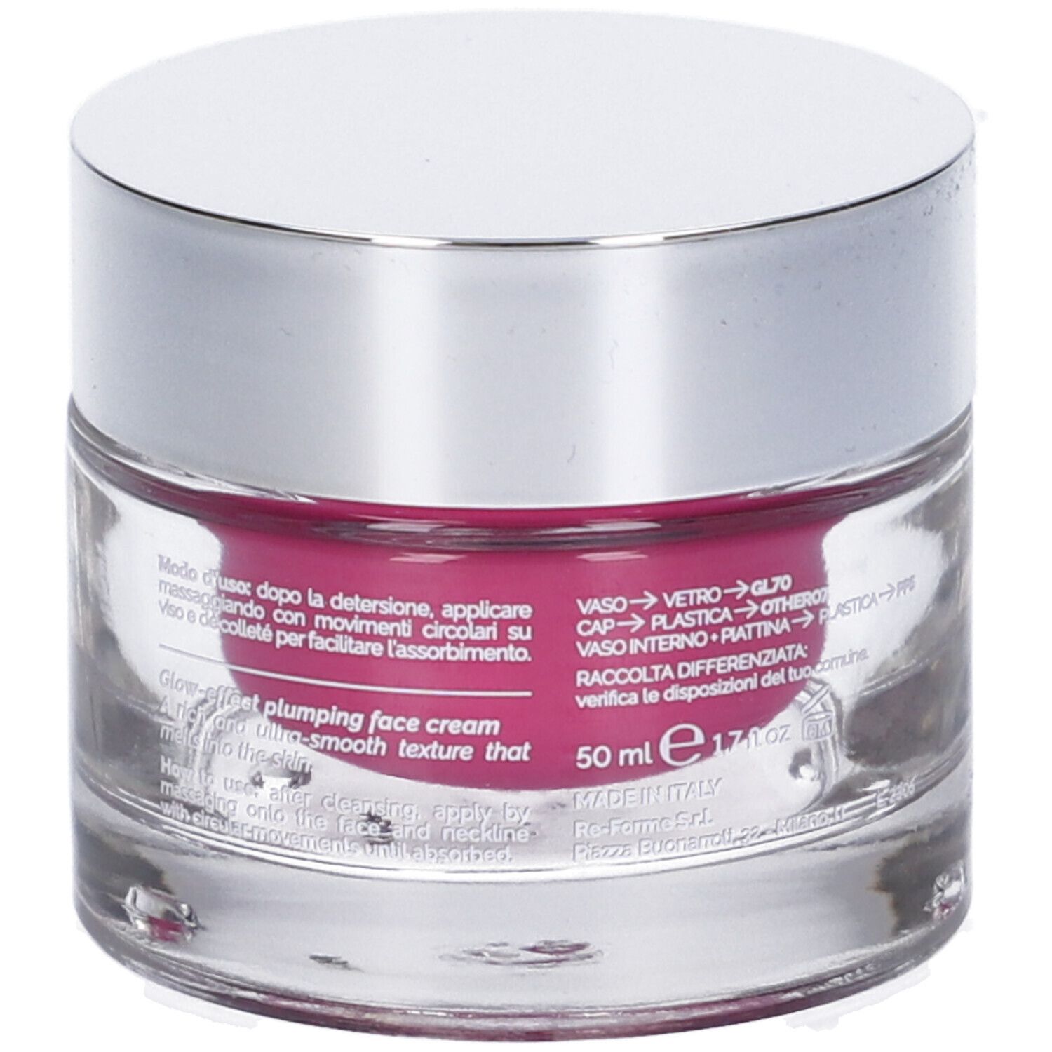 Retro del vasetto di crema. Testo in italiano. Informazioni sugli ingredienti e sul produttore.