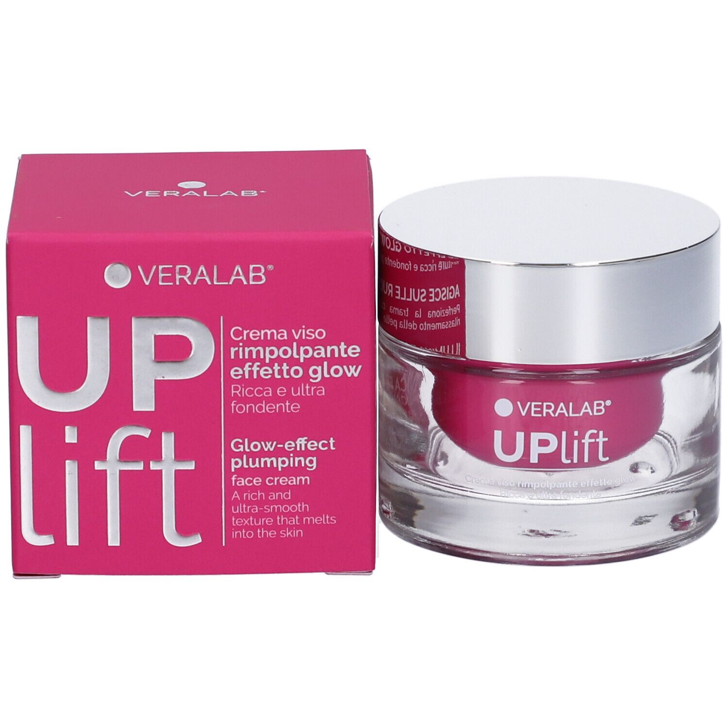 Crema e confezione. Confezione rosa con testo bianco. Scritta: VERALAB, UPLIFT. Crema in vetro.