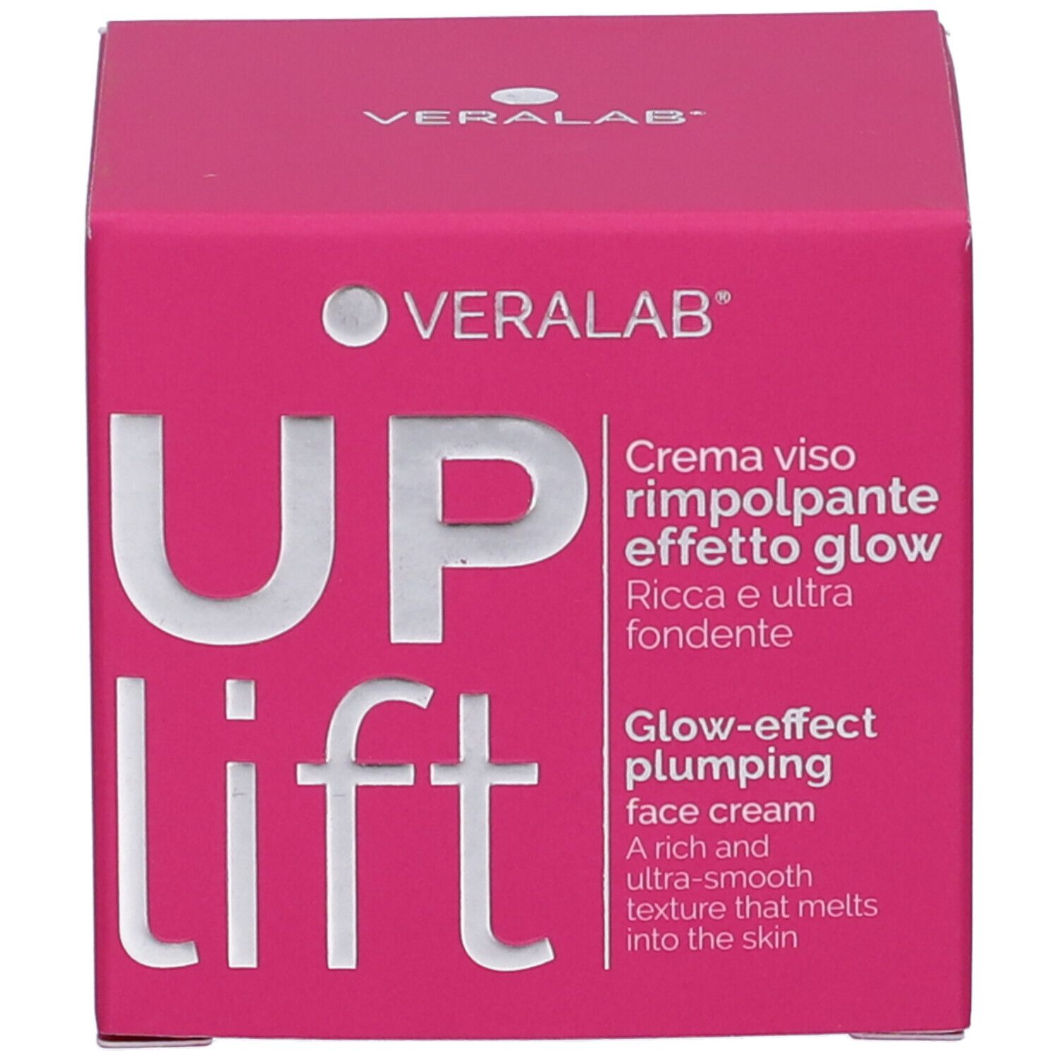 Confezione rosa con testo bianco. Scritta: VERALAB, UPLIFT. Testo: Creme viso rimpolpante effetto glow.