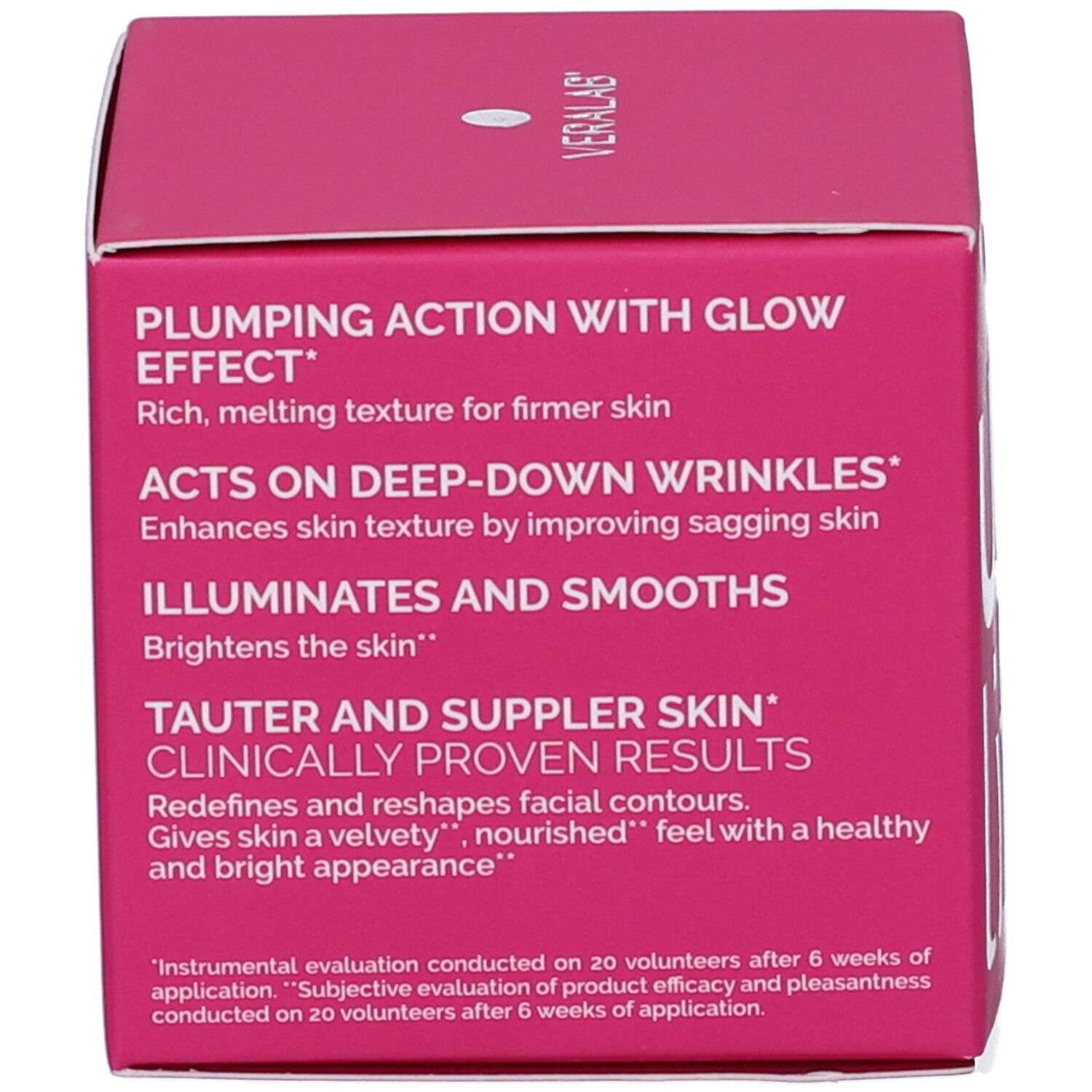 Confezione rosa. Testo: Plumping Action with Glow Effect, Acts on Deep-Down Wrinkles, Illuminates and Smooths.