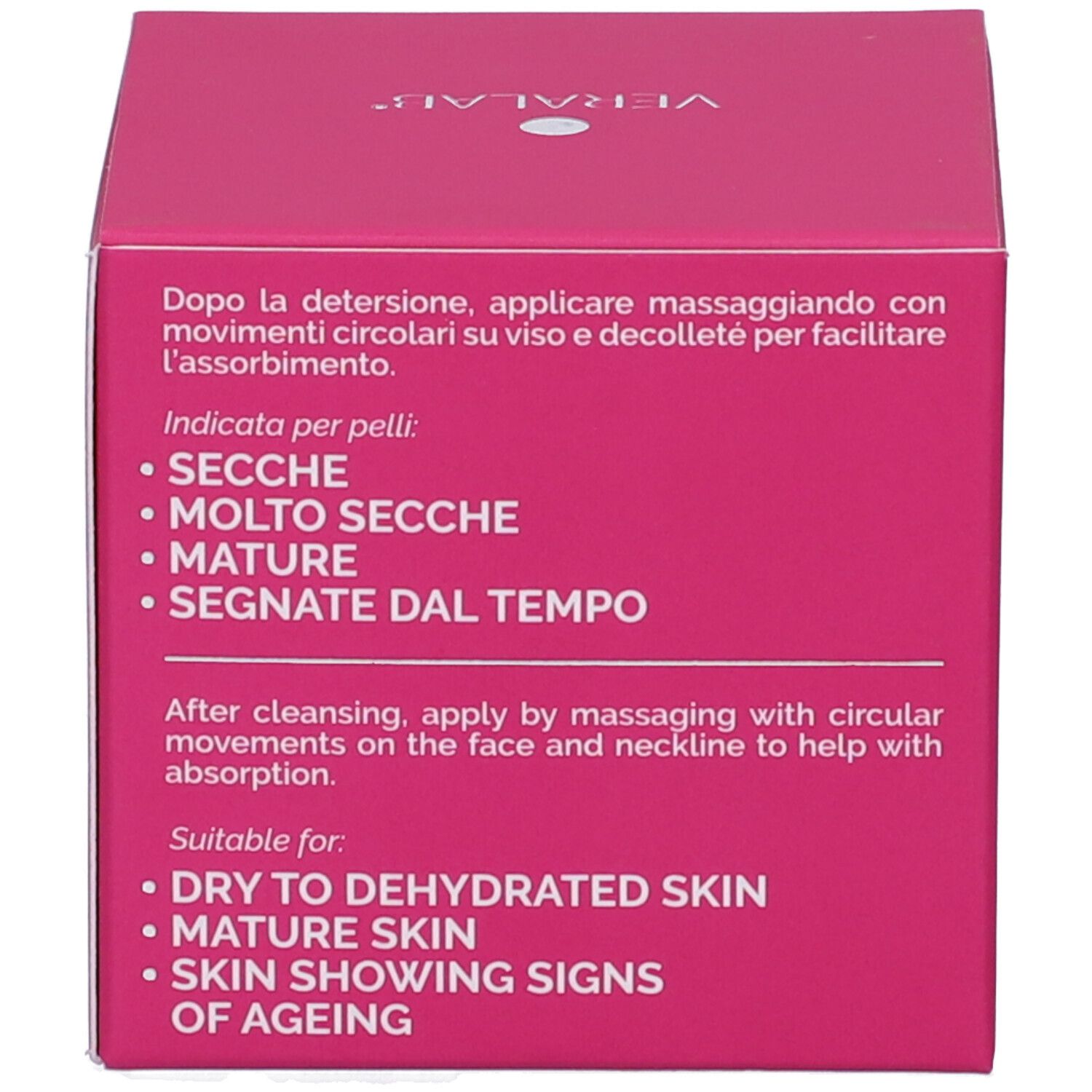 Confezione rosa. Testo: Adatto per: pelli secche a disidratate, pelli mature, pelli con segni di invecchiamento.