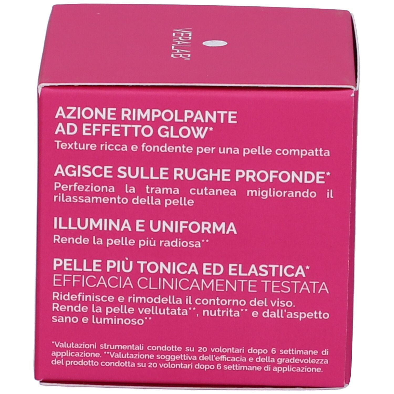 Confezione rosa. Testo: Azione rimpolpante ad effetto glow, Agisce sulle rughe profonde, Illumina e uniforma.