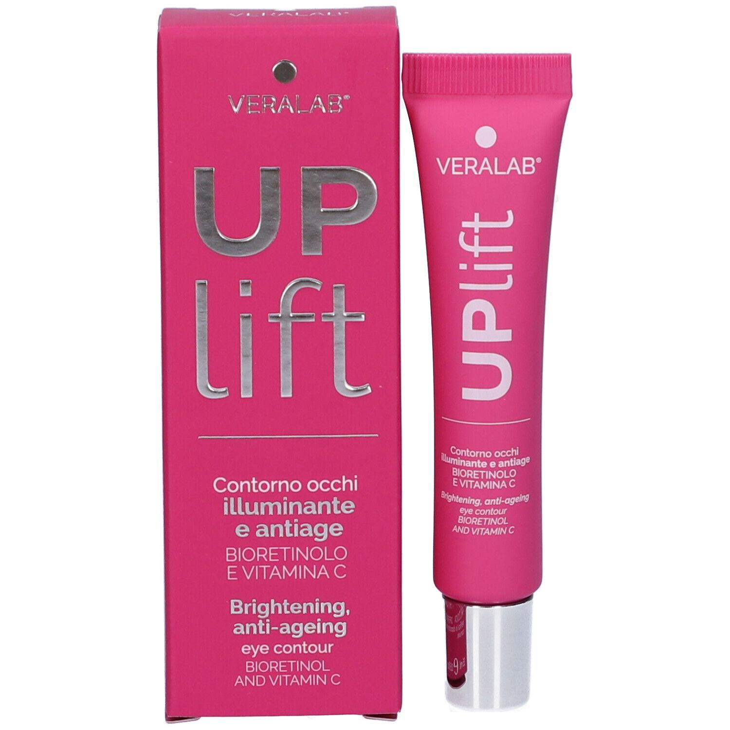 Scatola e tubo rosa. Scritta: VERALAB, Uplift. Testo: Contorno occhi illuminante e antiage, Bioretinolo e vitamina C. Tubo accanto.