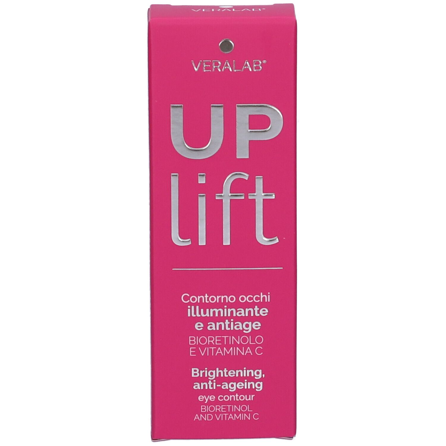 Scatola rosa. Scritta: VERALAB, Uplift. Testo: Contorno occhi illuminante e antiage, Bioretinolo e vitamina C.