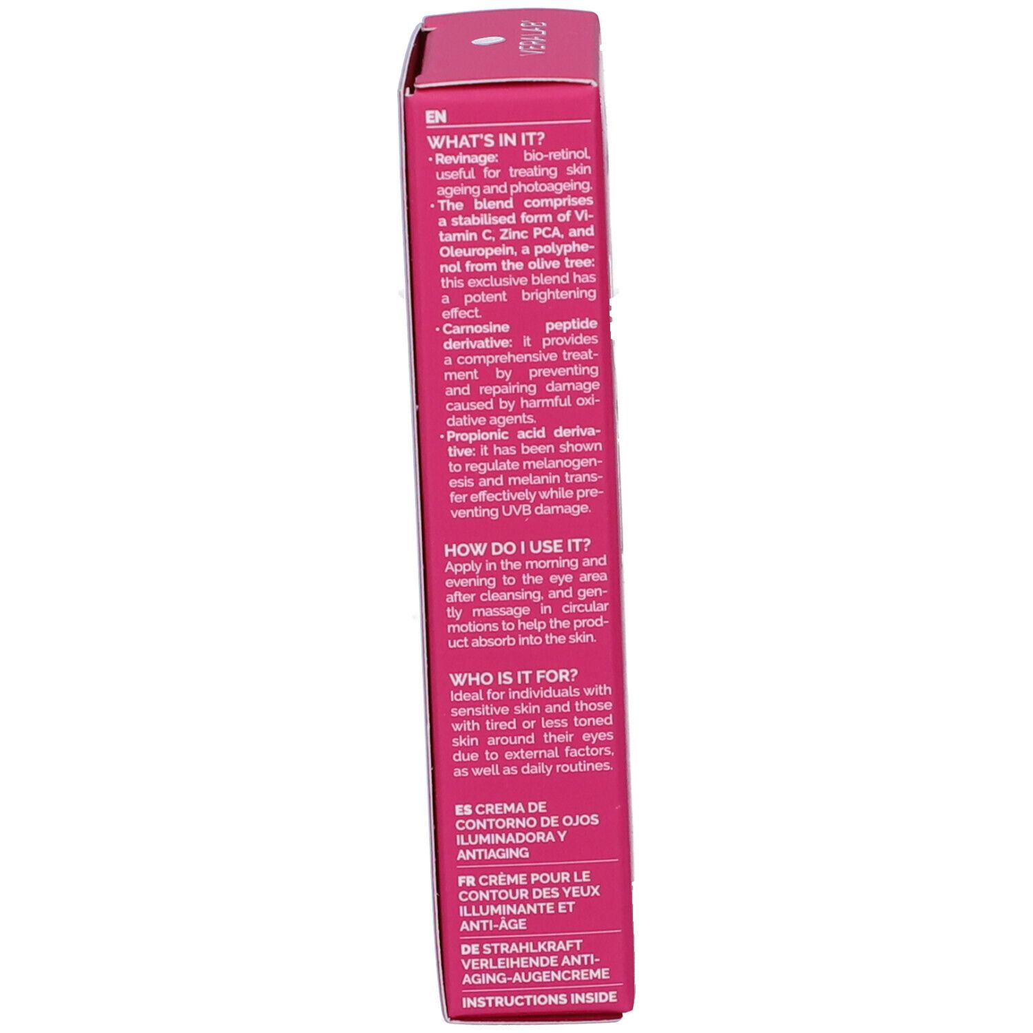 Lato della scatola rosa. Testo: What's in it?, How do I use it?, Who is it for? Testo in inglese e spagnolo.