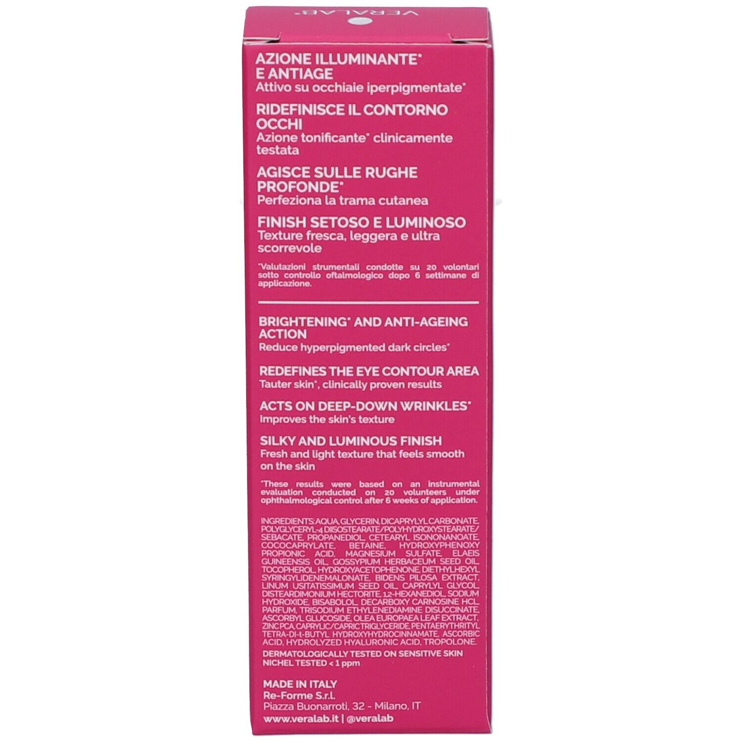 Lato della scatola rosa. Testo: Azione illuminante e antiage, Brightening and anti-ageing action. Ingredienti.