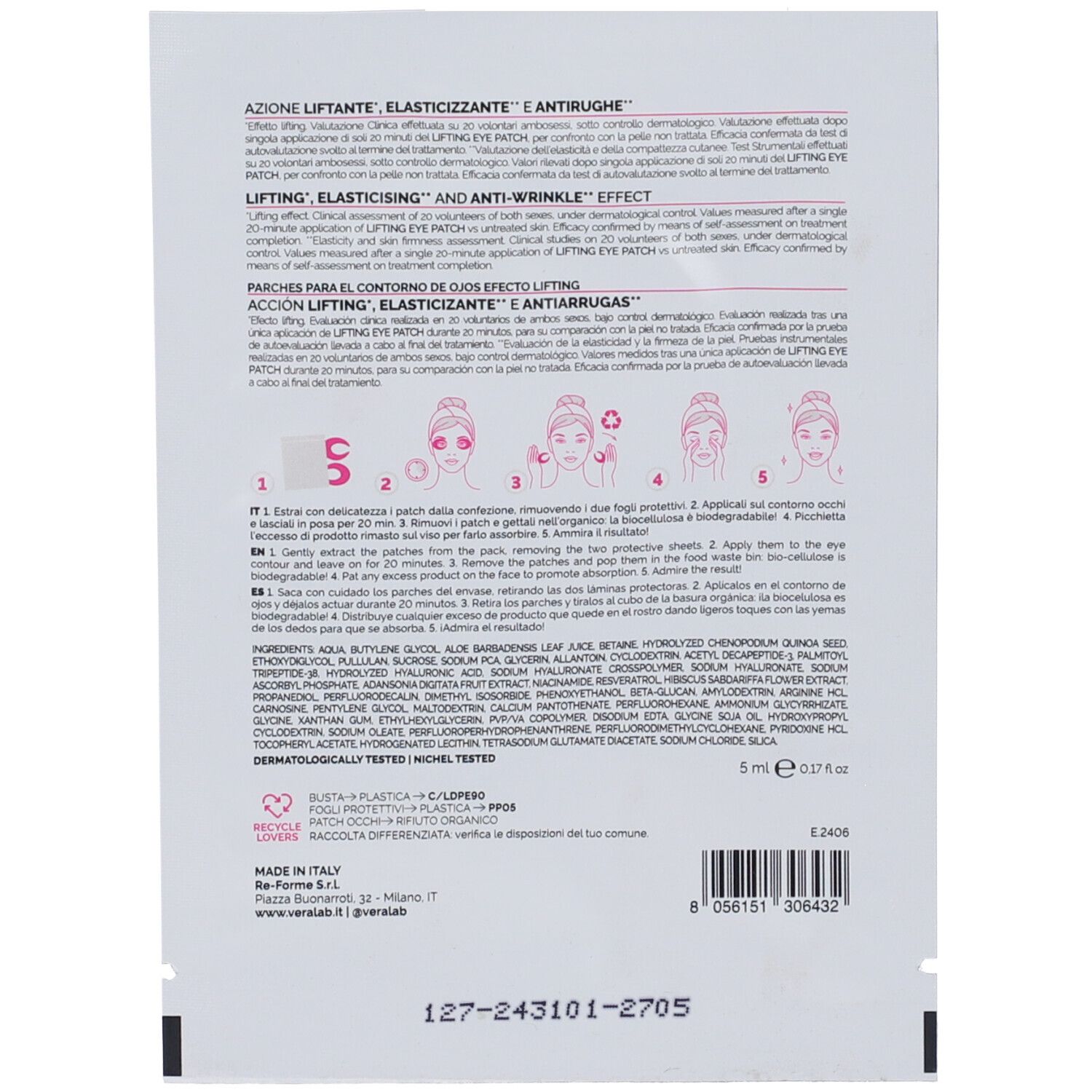 Retro confezione VERALAB HYPER EYES LIFT PATCH. Contiene istruzioni e ingredienti. Logo riciclo.