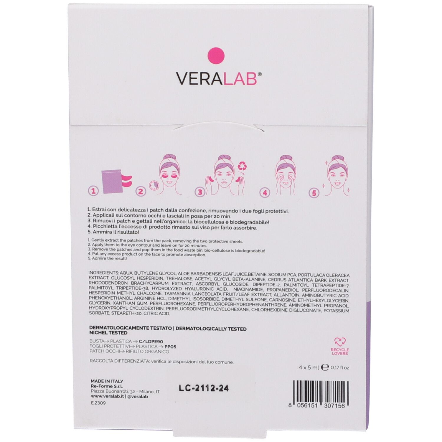 Retro confezione Veralab Hyper Eyes. Istruzioni illustrate. Ingredienti e informazioni. 4 x 5 ml.